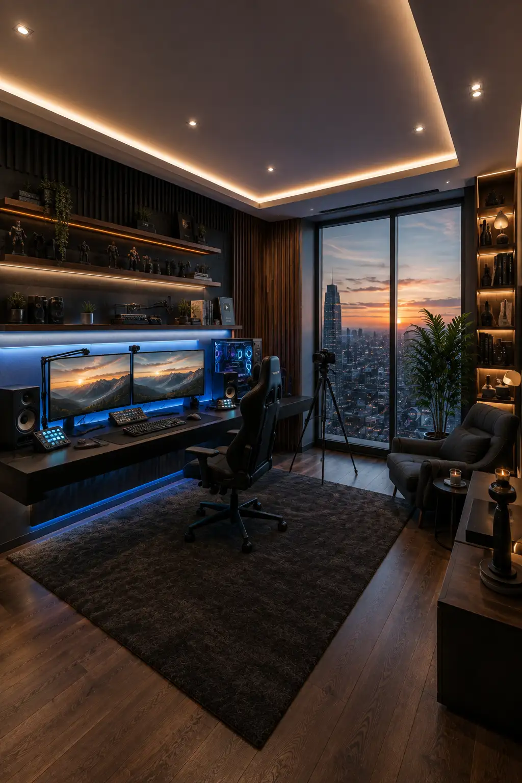 Modern gaming and streaming room featuring a dual monitor desk setup, RGB gaming PC, microphone arm, speakers, streaming control pads, camera tripod, black gaming chair, illuminated display shelves, warm ceiling lights, blue desk lighting, lounge chair, dark wood flooring, and dramatic floor to ceiling city views.