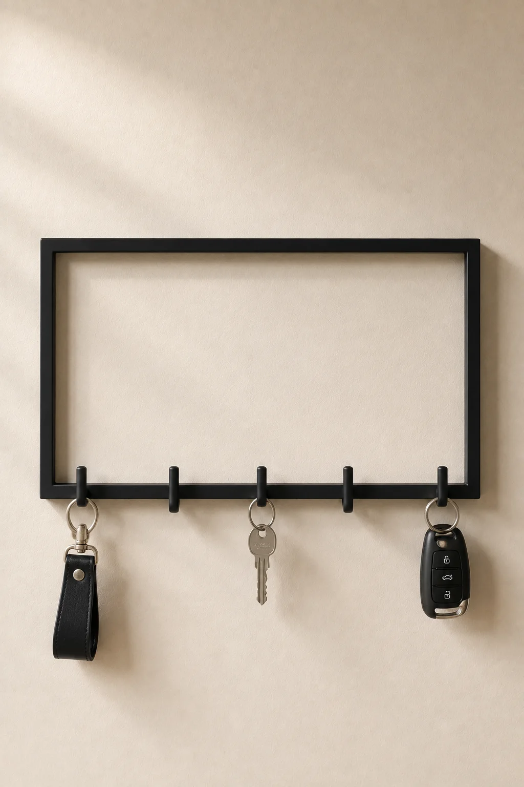 Minimal metal frame DIY key holder mounted on a soft cream wall, featuring a slim matte black rectangular frame with integrated hooks holding a leather keychain, silver house keys, and black car keys for modern entryway storage.