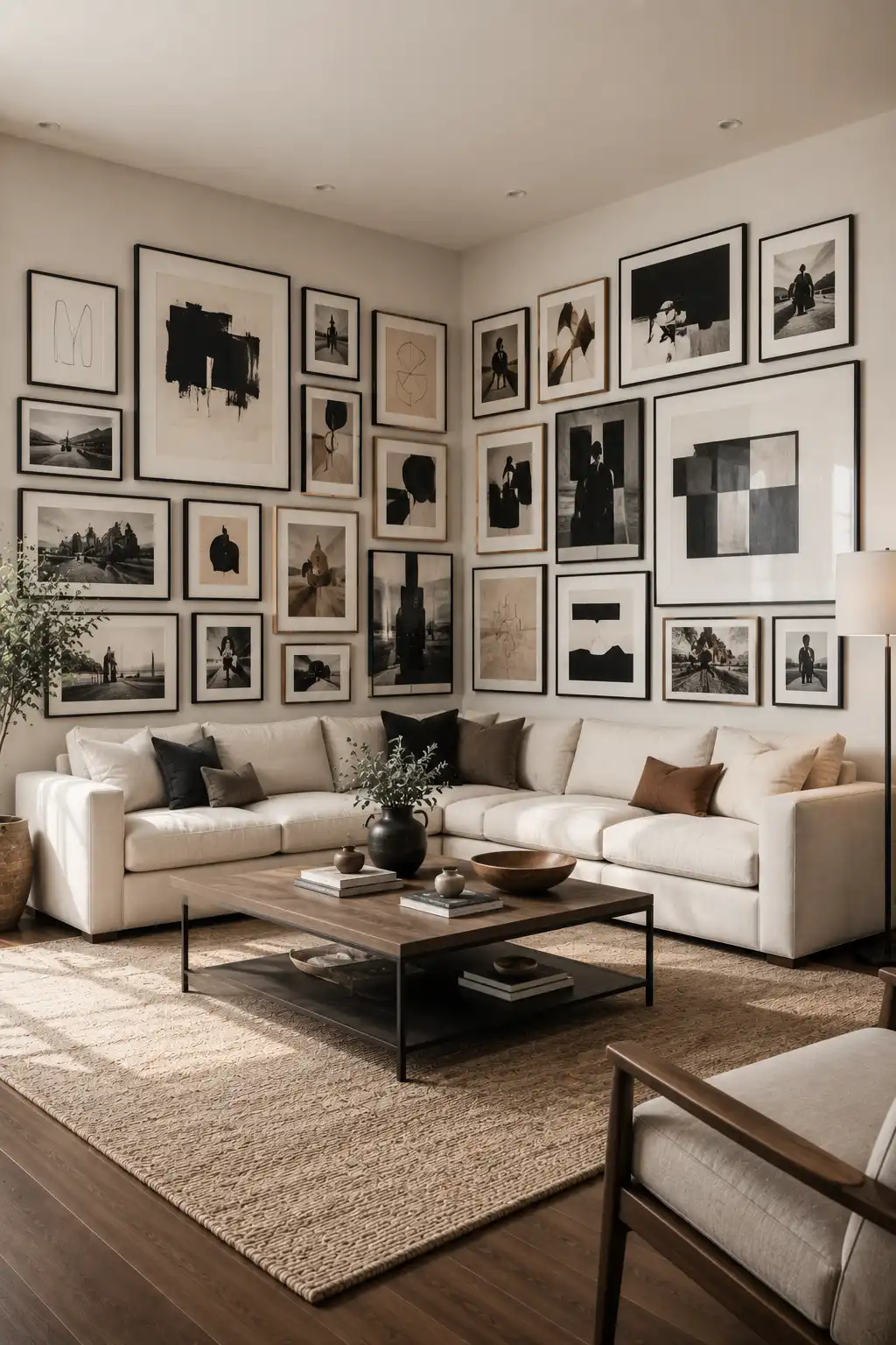 Sophisticated living room featuring a dramatic salon style corner gallery with varied black, cream, and neutral framed photography, abstract artwork, sketches, and graphic compositions extending across two adjoining walls above a large sectional.