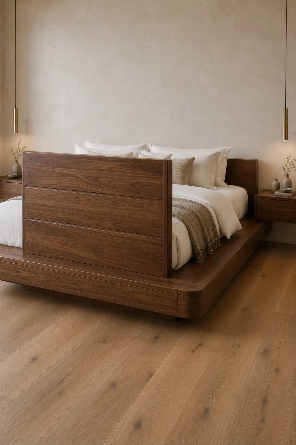 Statement walnut panel bed featuring a tall solid wood footboard with broad horizontal panels, rich natural walnut grain, thick platform frame with rounded corners, crisp white bedding, beige textured accents, matching wood nightstands, and slim brass pendant lighting.