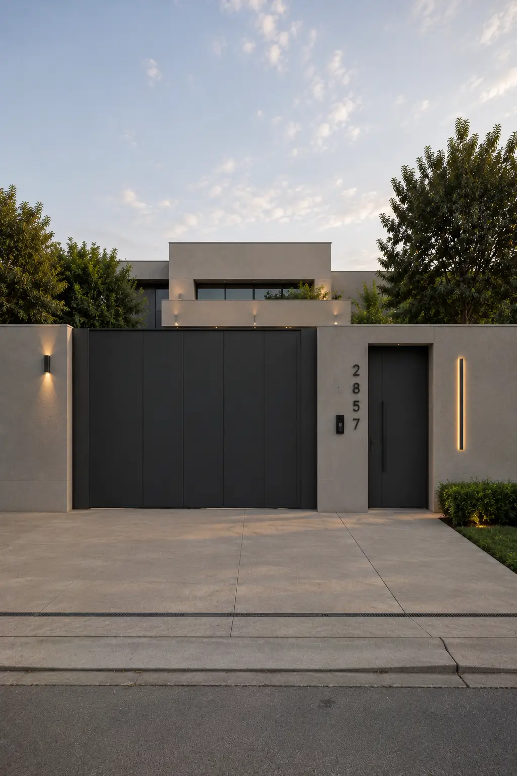 Modern entrance gate design featuring broad flush graphite metal panels paired with a recessed pedestrian doorway, pale rendered boundary walls, vertical house numbers, discreet access controls, warm linear exterior lighting, clean concrete driveway paving, and coordinated architectural details for a seamless contemporary home facade.