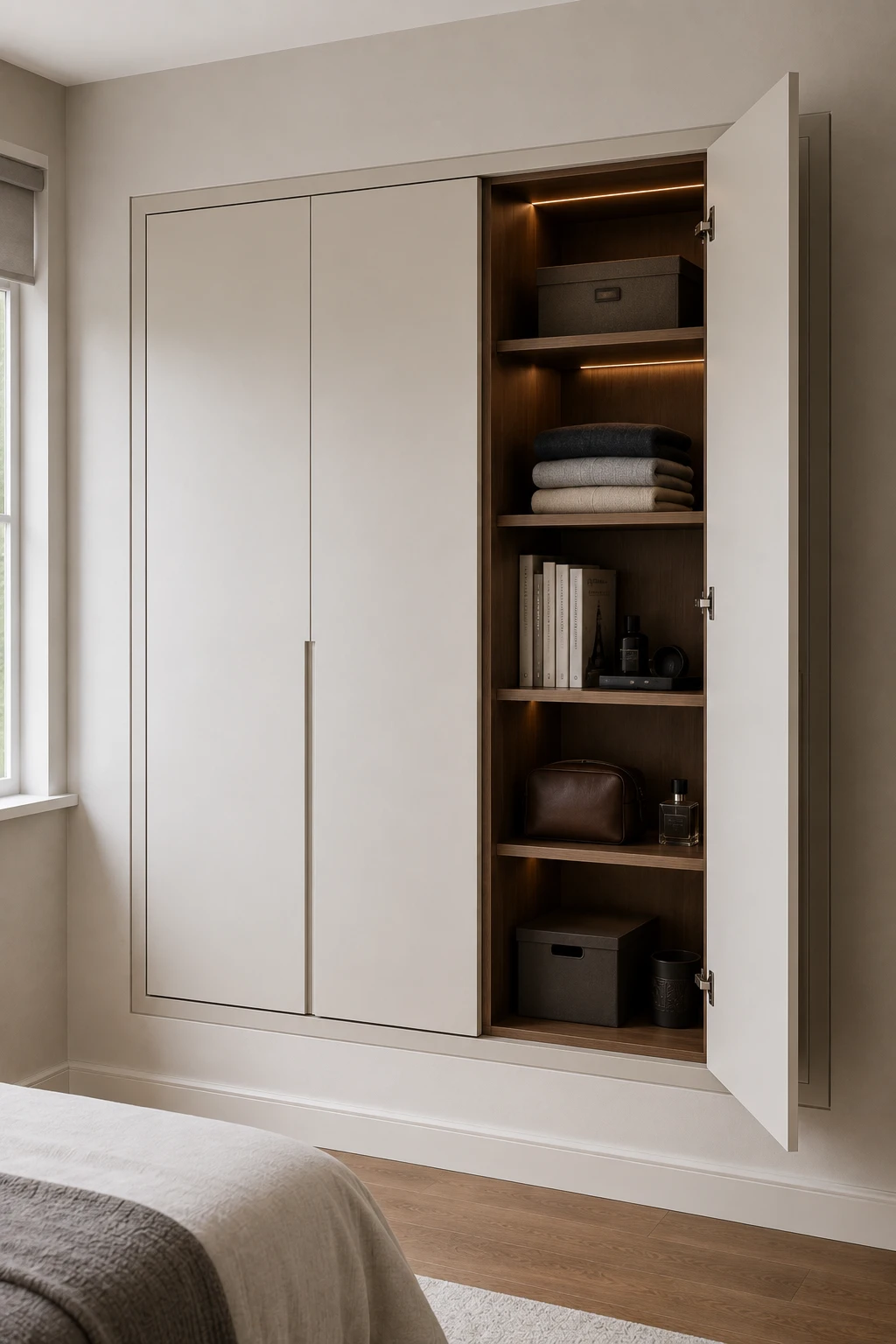Modern small bedroom featuring a flush recessed wall storage cabinet built directly into the bedroom wall. The contemporary cabinet has closed doors and an open section with shelves containing folded clothes, books, storage boxes, bags, and personal accessories, providing practical built-in storage while preserving valuable floor space.