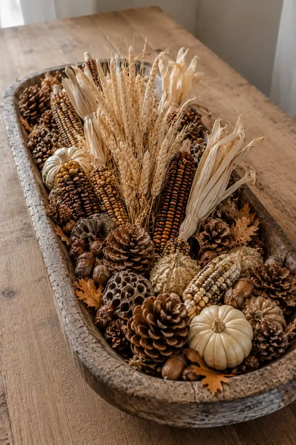 Large weathered wooden dough bowl arranged as a rustic harvest centerpiece with dried Indian corn in cream, tan, brown, and golden tones, tall golden wheat stems, corn husks, large pinecones, acorns, seed pods, small cream gourds, dried leaves, and natural autumn textures on a warm wooden dining table.