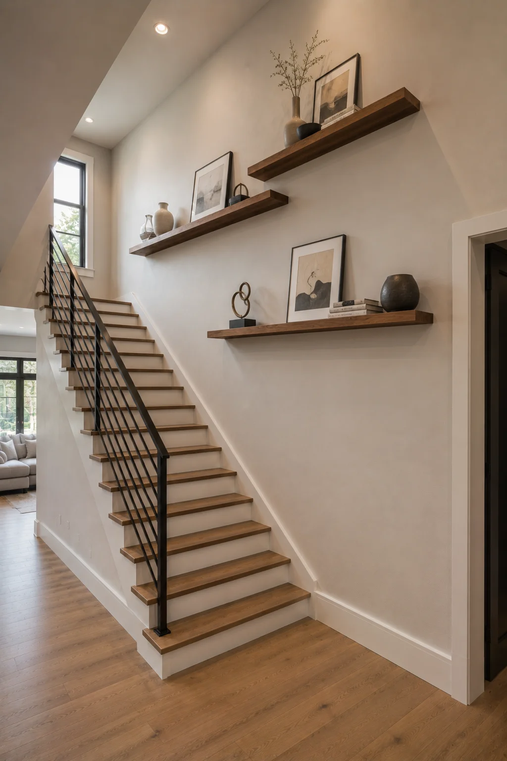 Contemporary staircase wall styled with three long warm walnut floating shelves arranged at different heights and filled with framed neutral artwork, ceramic vases, small sculptures, stacked books, and minimalist decorative objects. The rich wood shelves add warmth against the soft cream wall while complementing the natural oak stairs and black metal railing.