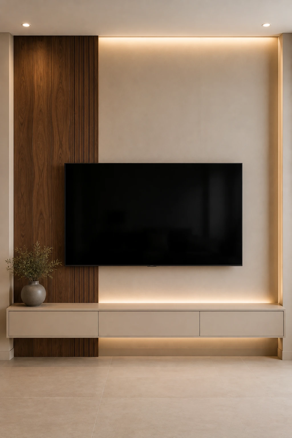 Asymmetrical contemporary living room TV wall featuring a large black flat screen television against a warm beige architectural backdrop, tall natural walnut wood section extending vertically along the left side, long beige floating media console spanning both materials, subtle warm LED lighting around the feature wall, realistic walnut grain, clean modern cabinetry, neutral flooring, minimal décor, and refined custom interior design.