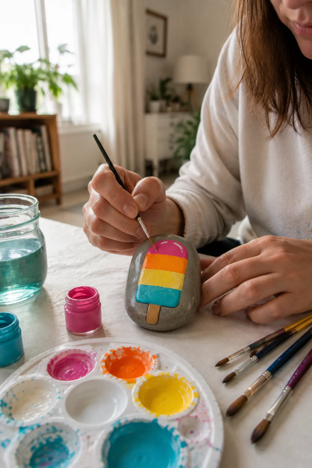 Colorful popsicle rock painting featuring a cheerful frozen treat with a rounded pink top and horizontal orange, yellow, and turquoise stripes, finished with a small wooden stick and subtle highlights, while a hand paints the design with a fine brush beside colorful acrylic paint bottles and brushes on a bright craft table.