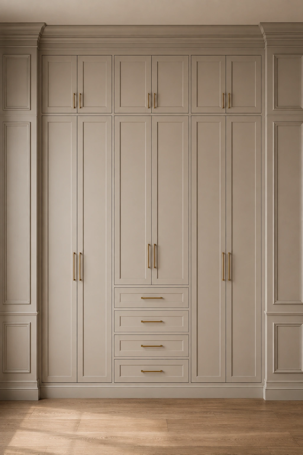 Minimalist cream IKEA closet with a symmetrical full-wall built-in design, tall paneled wardrobe doors, matching upper cabinets, a central section of four spacious drawers, slim brass handles, classic decorative molding, seamless neutral cabinetry, warm wood flooring, and clean architectural lines creating a refined and uncluttered bedroom storage solution.
