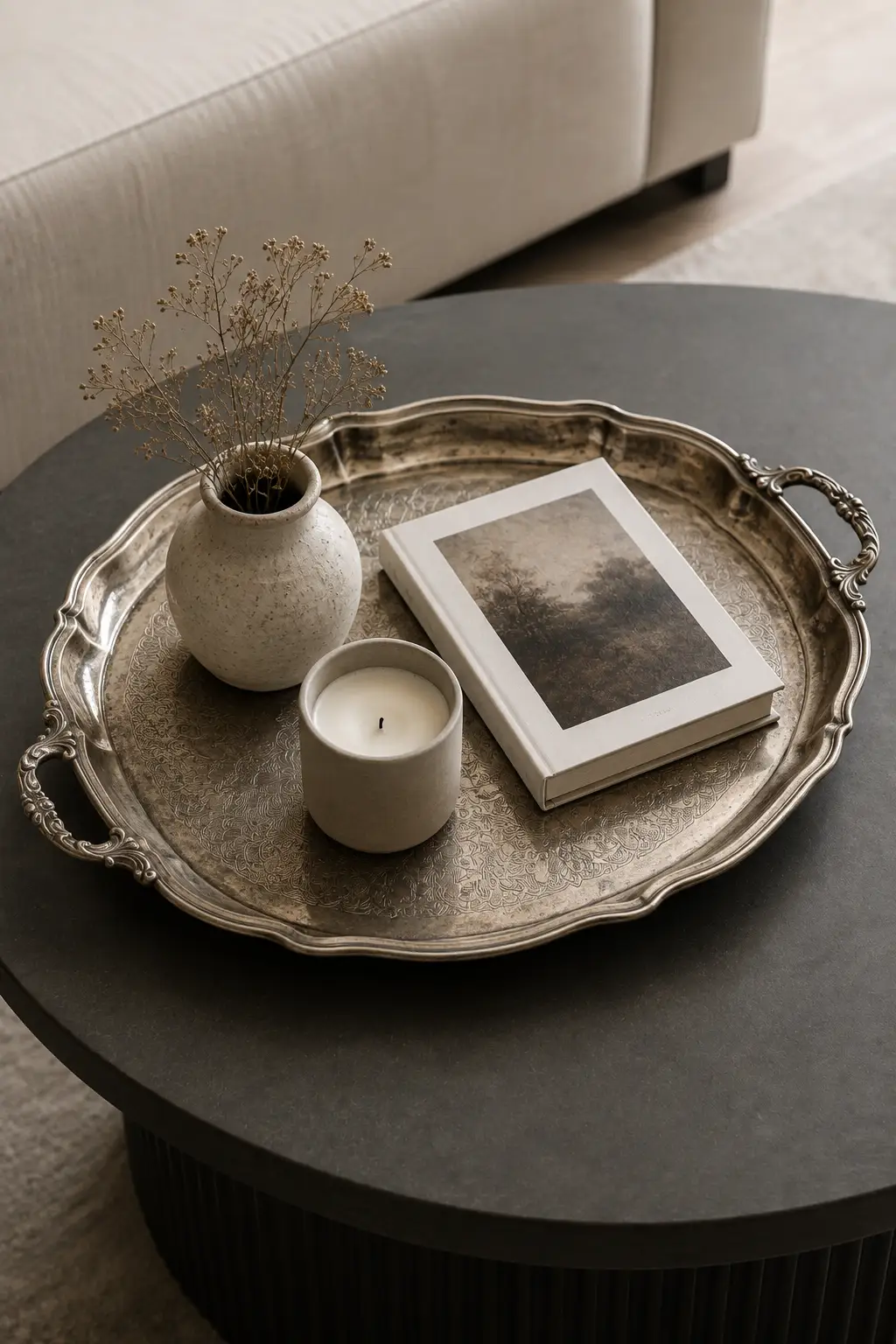 Decorative antique silver tray with engraved detailing and natural aged patina arranged on a dark round modern coffee table with a neutral ceramic vase, candle, and elegant design book in a contemporary living room.