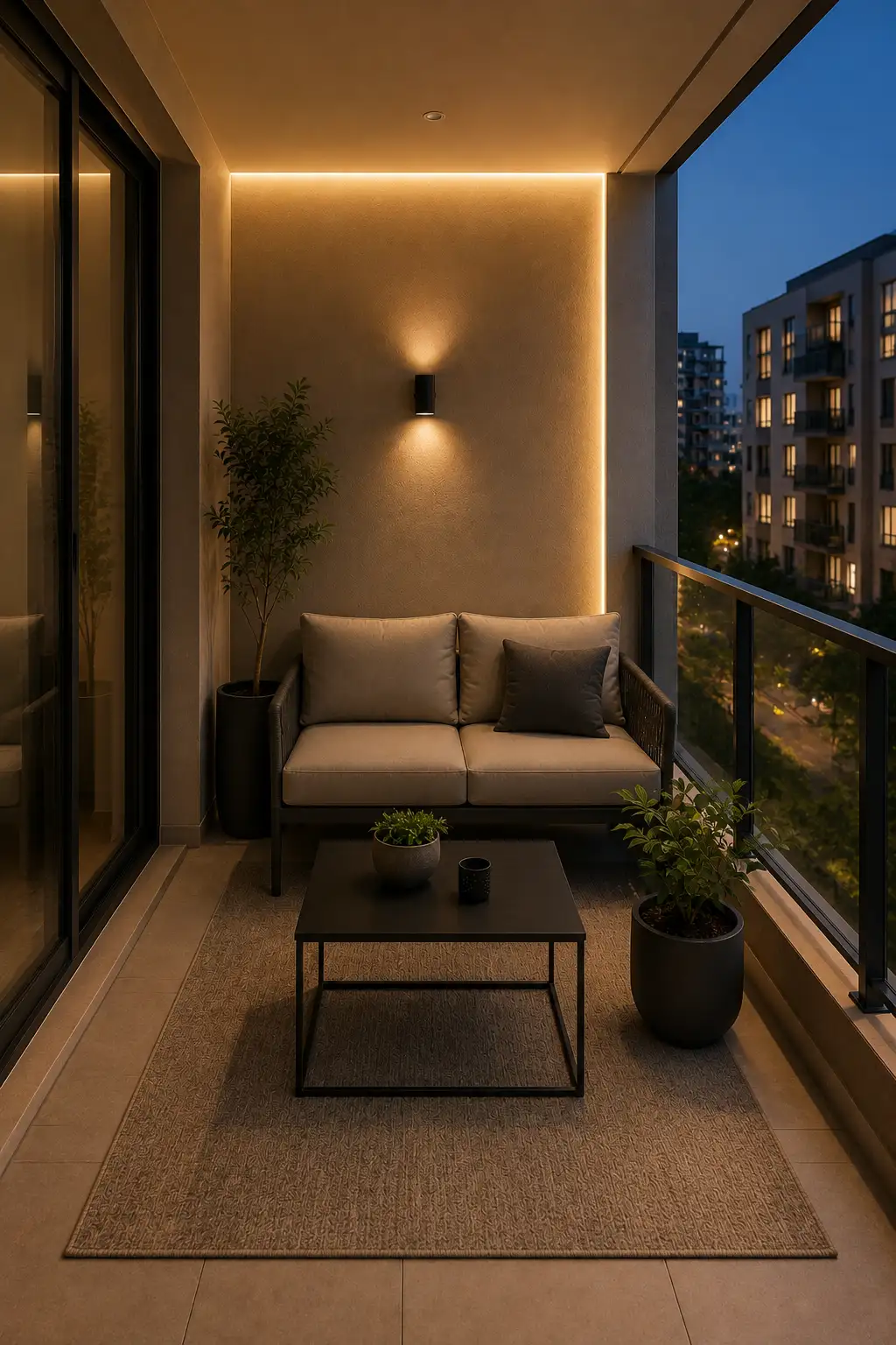 Elegant modern apartment balcony designed as a cozy evening retreat with a compact neutral sofa, charcoal coffee table, large outdoor rug, dark planters, and warm architectural LED lighting outlining the back wall. Soft golden illumination creates an intimate contemporary outdoor lounge overlooking a city neighborhood at dusk.
