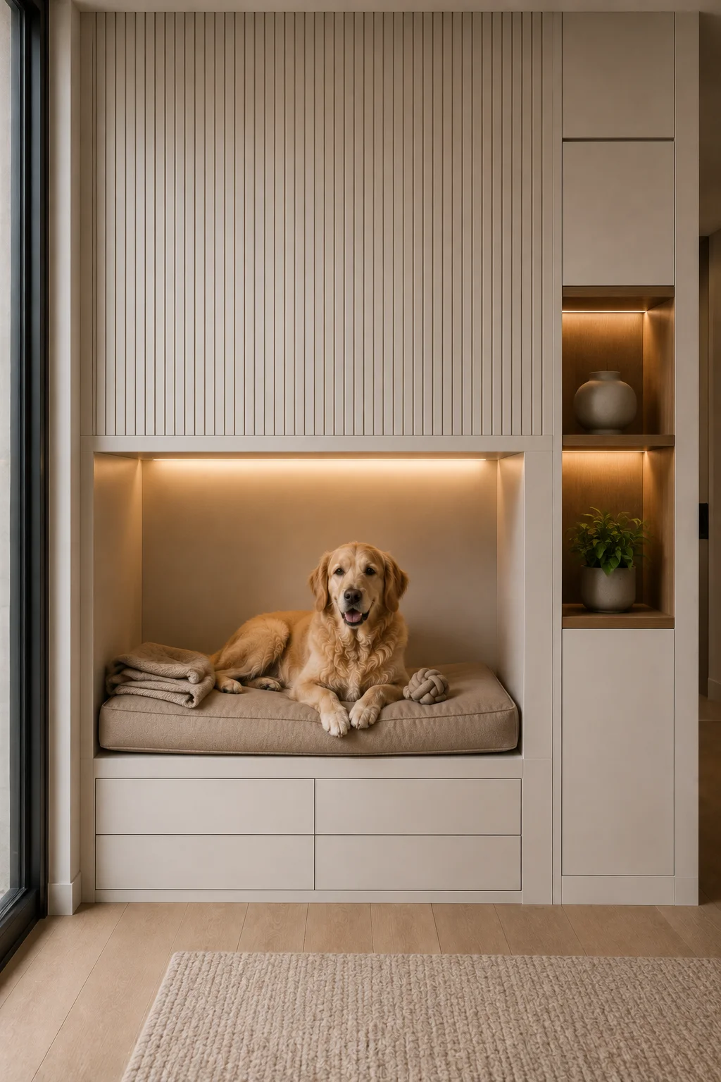 Modern built in dog lounge integrated into a contemporary cream cabinetry wall, featuring a spacious recessed sleeping nook with a thick neutral cushion, a golden retriever sitting comfortably inside, warm integrated lighting, closed storage drawers below, vertical fluted wall detailing above, illuminated display shelving with modern decor, and a refined minimalist home interior.