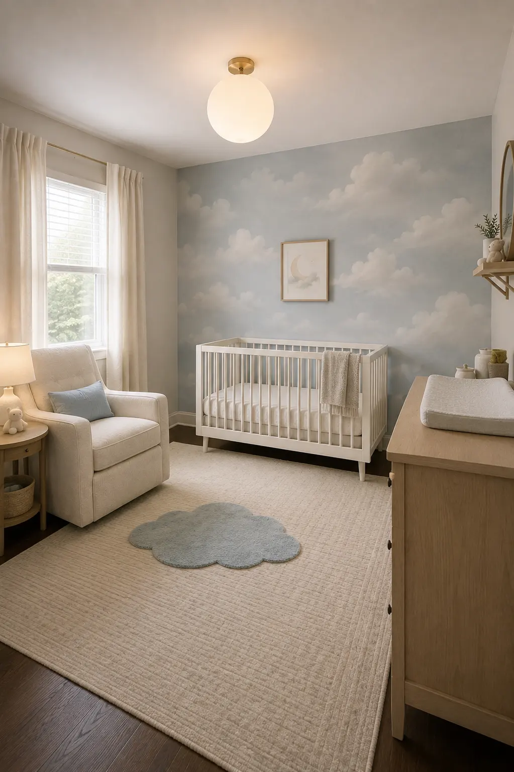 Dreamy baby boy nursery with a pale blue cloud mural covering the crib wall, crisp white crib, natural wood changing dresser, cream upholstered nursing chair, ivory curtains, large textured neutral rug, soft blue cloud shaped accent rug, subtle moon artwork, warm lighting, and gentle sky inspired nursery decor.