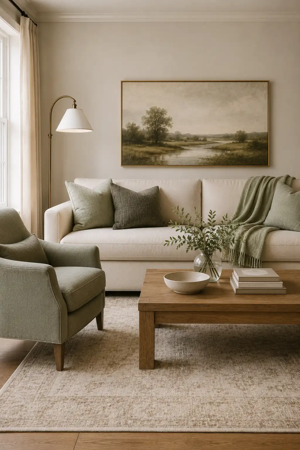 Cozy farmhouse fireplace conversation corner featuring two oversized cream upholstered armchairs angled toward each other, muted sage pillows, soft neutral throws, small round wood table with mugs and books, glowing fireplace, landscape mantel artwork, leafy branches, candlesticks, floor lamp, and patterned area rug.