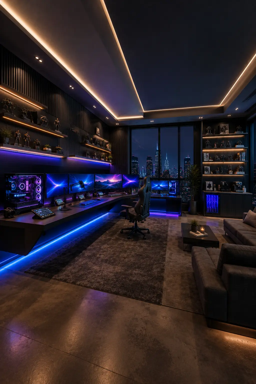 Ultimate gaming command center featuring an extended multi monitor gaming desk, multiple illuminated gaming PCs, streaming controllers, microphones, black gaming chair, blue and purple RGB lighting, warm display shelves filled with collectibles, modern lounge seating, large area rug, and nighttime city skyline views.