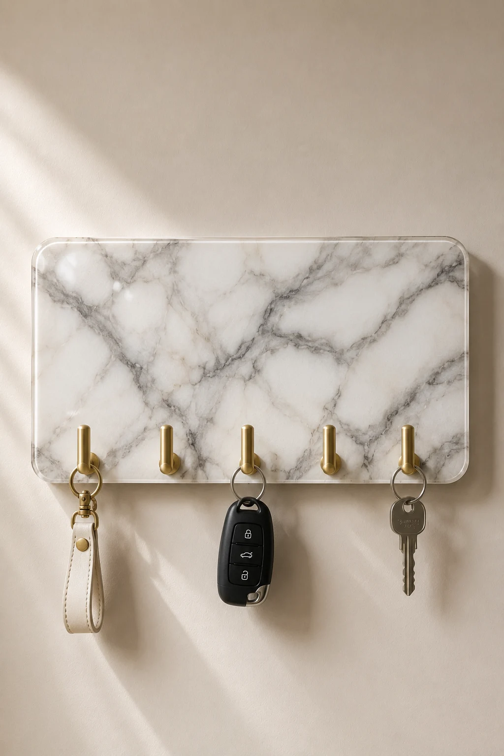 Marble effect DIY key holder featuring a white panel with realistic soft gray veining, rounded corners, brushed gold hooks, white leather key loop, black car keys, and silver house keys for elegant modern entryway wall storage.