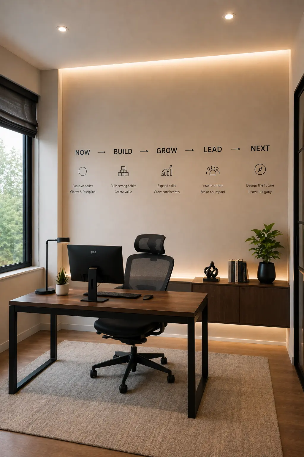 Modern small office featuring a clean future vision wall with a horizontal progression reading “NOW → BUILD → GROW → LEAD → NEXT,” accompanied by minimalist symbols and goal-focused messaging, warm architectural LED lighting, contemporary walnut desk, ergonomic black office chair, minimalist monitor, black storage cabinet, indoor plant, neutral rug, and sophisticated motivational workspace decor.