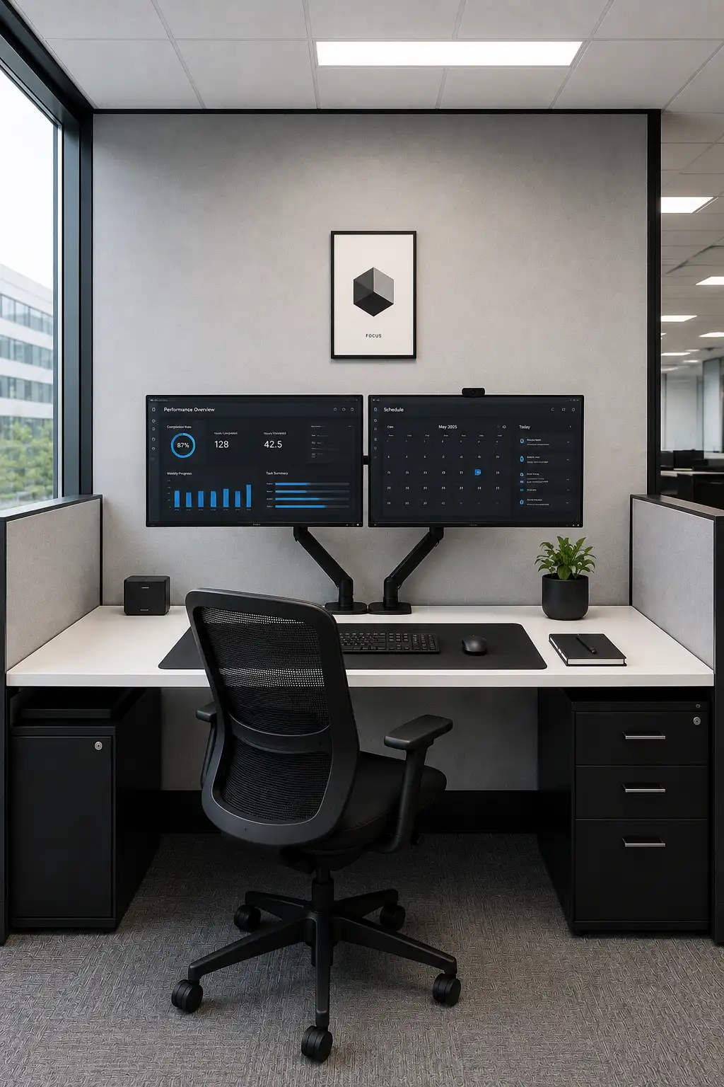 Premium executive-inspired cubicle featuring a large central black motivational typography print surrounded by two complementary framed productivity prints, warm accent lighting, dark wood wall detailing, and refined black and gold office accessories. The complete workspace includes a centered computer monitor, white desk, black ergonomic executive-style chair, sleek desk lamp, small indoor plant, organized document tray, notebook, and dark storage drawers. The full cubicle is captured from a centered front-facing architectural perspective with charcoal, black, white, warm wood, and subtle metallic accents creating a sophisticated, polished, high-performance office environment.