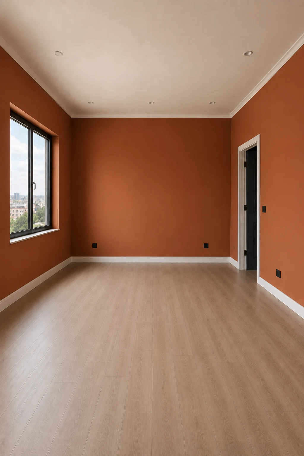 Empty contemporary bedroom with all four walls painted in a rich muted burnt orange, featuring a warm white ceiling, light natural wood flooring, large side window, modern architectural doorway, crisp white baseboards, realistic matte wall texture, natural daylight, and a bold warm atmosphere showcasing stylish burnt orange bedroom paint ideas.