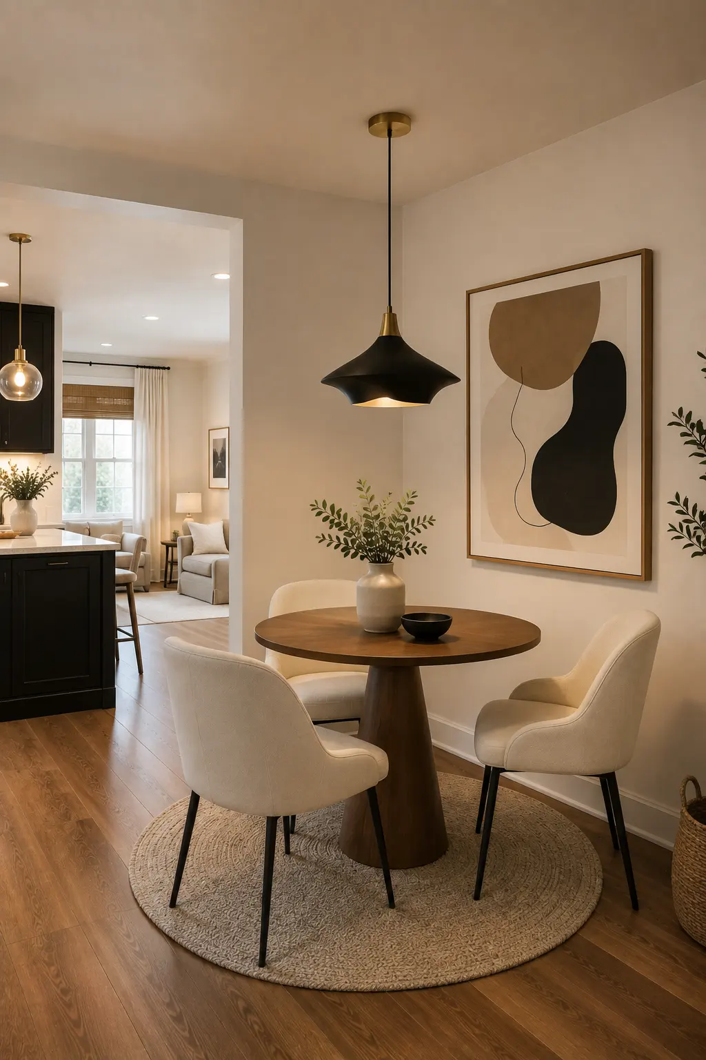 Cozy modern dining area featuring a sculptural round walnut pedestal dining table, three curved cream upholstered dining chairs, oversized black statement pendant light, large contemporary abstract artwork in beige, black, and earthy brown tones, round textured neutral area rug, warm wood flooring, cream walls, open kitchen connection, and refined compact dining room styling.