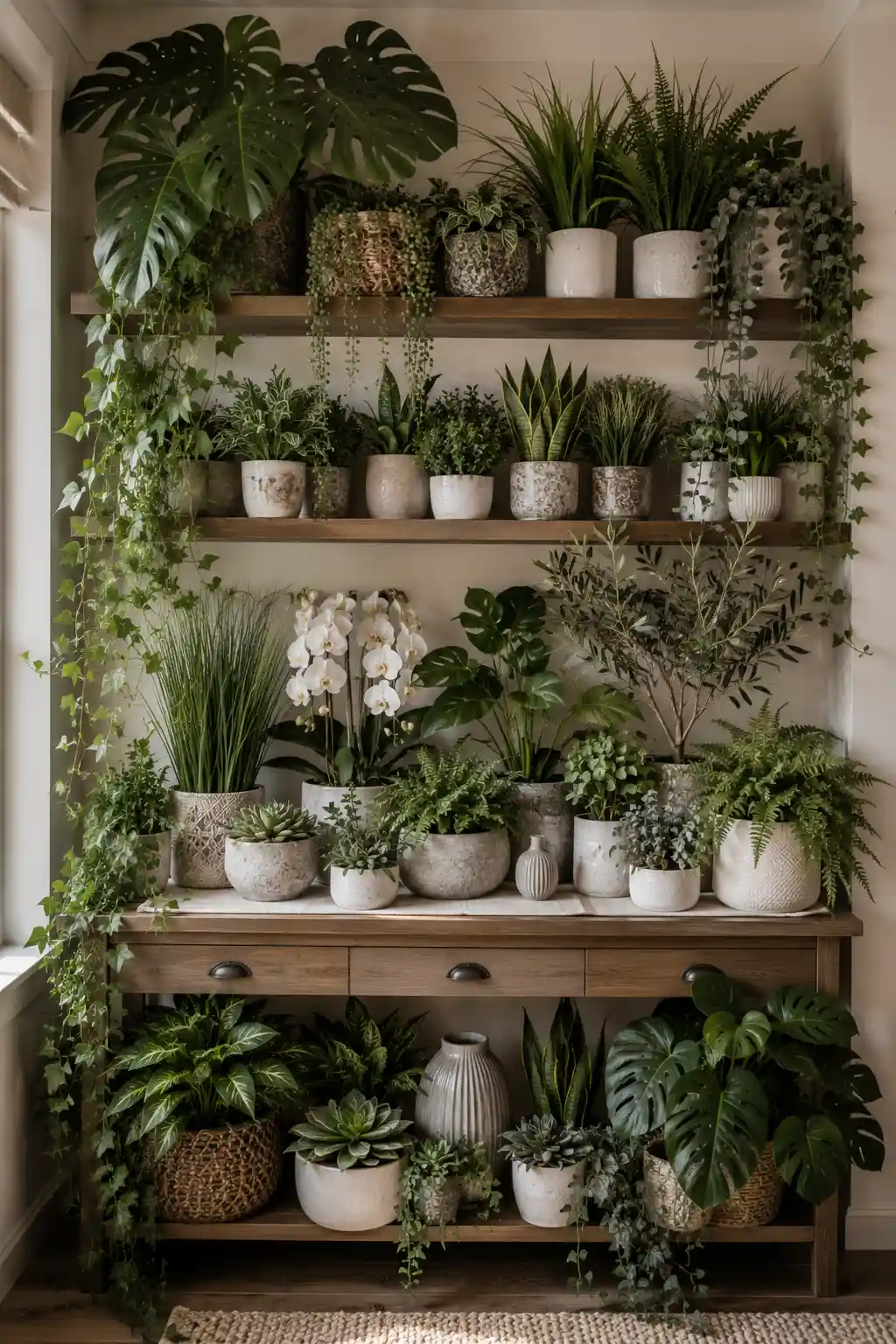 Home decor display overflowing with faux plants including artificial monstera leaves, trailing vines, ferns, succulents, orchids, grasses, and imitation greenery arranged across shelves and a console table, showing how too many artificial plants can make an interior feel crowded and less natural.