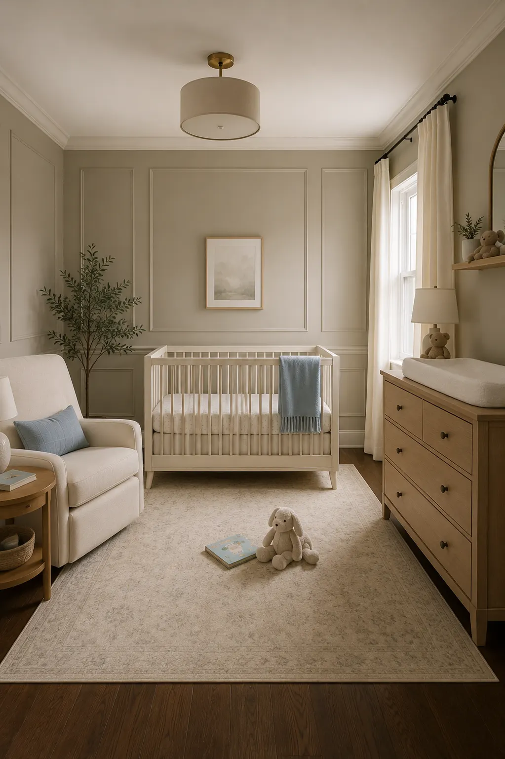 Refined baby boy nursery with warm greige picture frame wall molding, white crib centered against the paneled wall, natural wood changing dresser, cream upholstered nursing chair, dusty blue blanket and cushion, soft landscape artwork, patterned neutral rug, ivory curtains, warm wood flooring, and timeless nursery details.