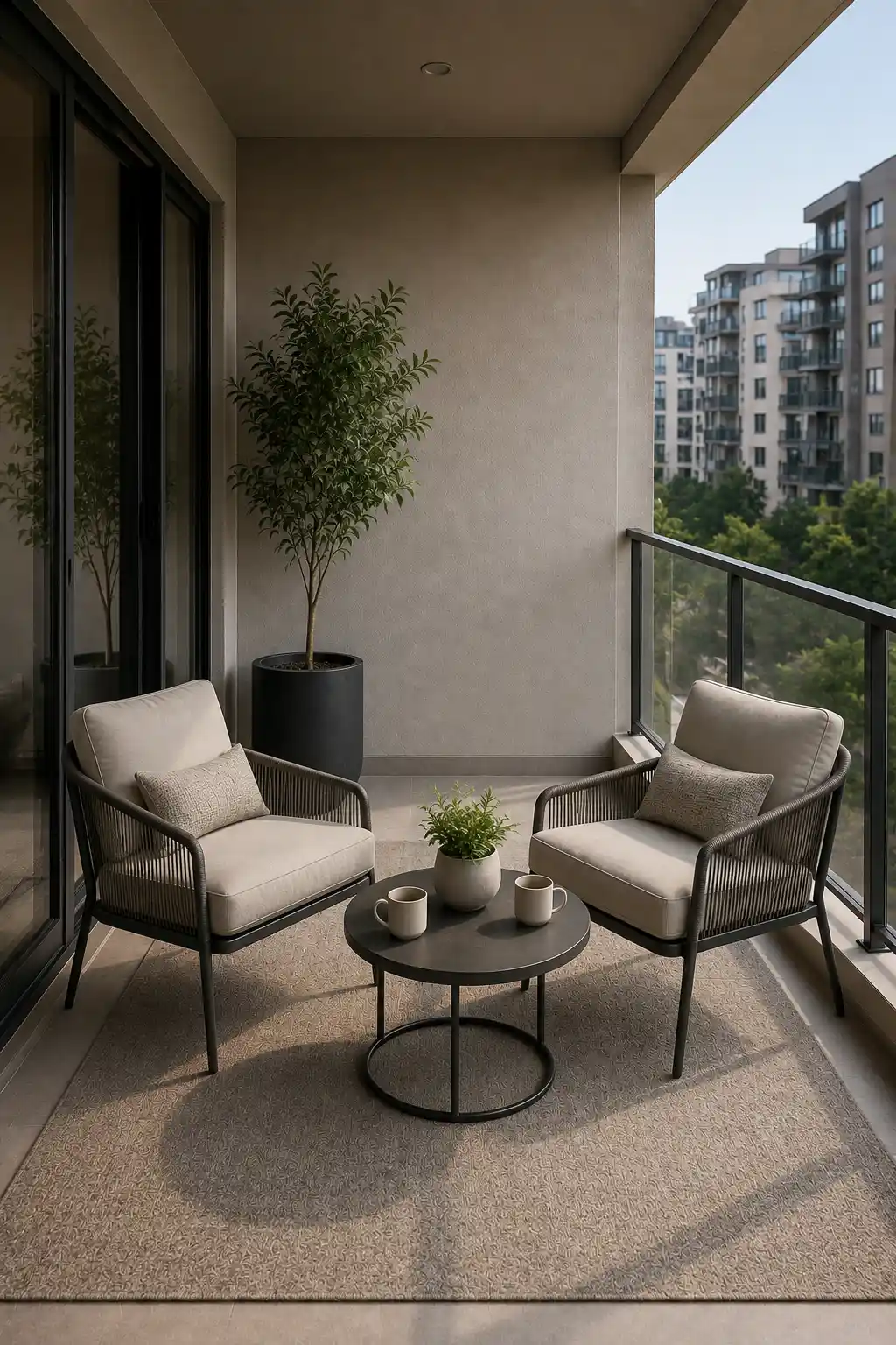 Modern apartment balcony featuring two comfortable cream lounge chairs arranged around a round black coffee table for an inviting conversation area. A large neutral outdoor rug anchors the seating, while a tall architectural plant, warm beige wall, black furniture frames, and glass railing create a stylish contemporary outdoor space.