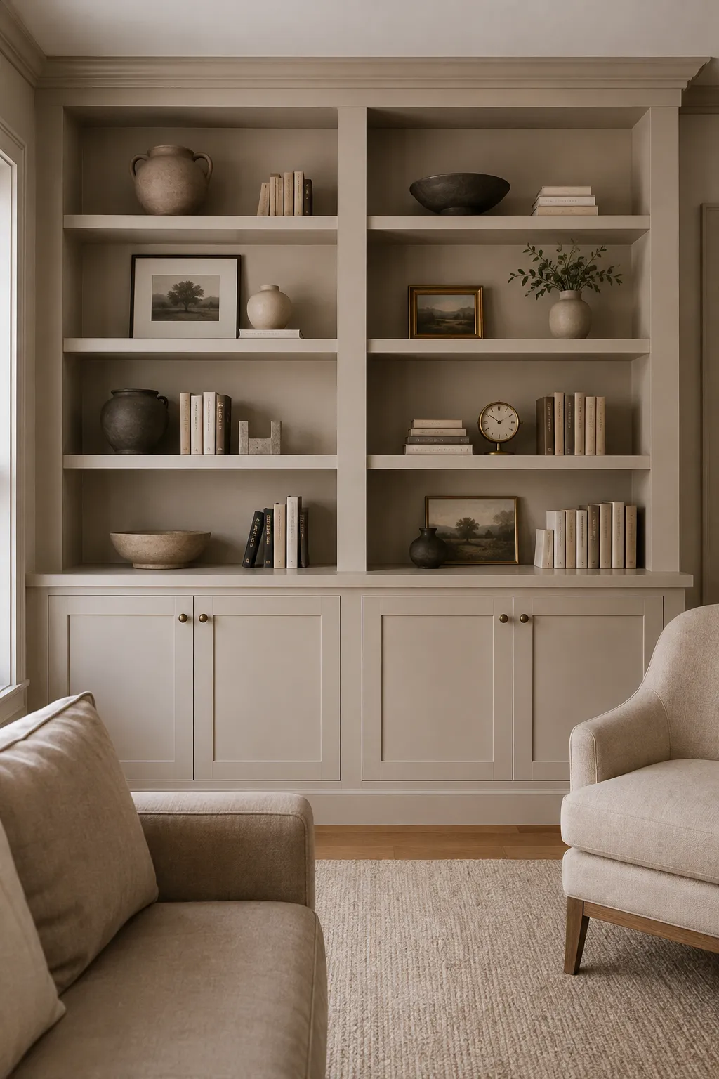 Elegant farmhouse living room built in shelves featuring warm cream cabinetry, open shelving styled with neutral books, ceramic vases, decorative bowls, framed countryside artwork, leafy branches, aged brass accents, small clock, closed lower storage cabinets, and soft neutral upholstered seating.