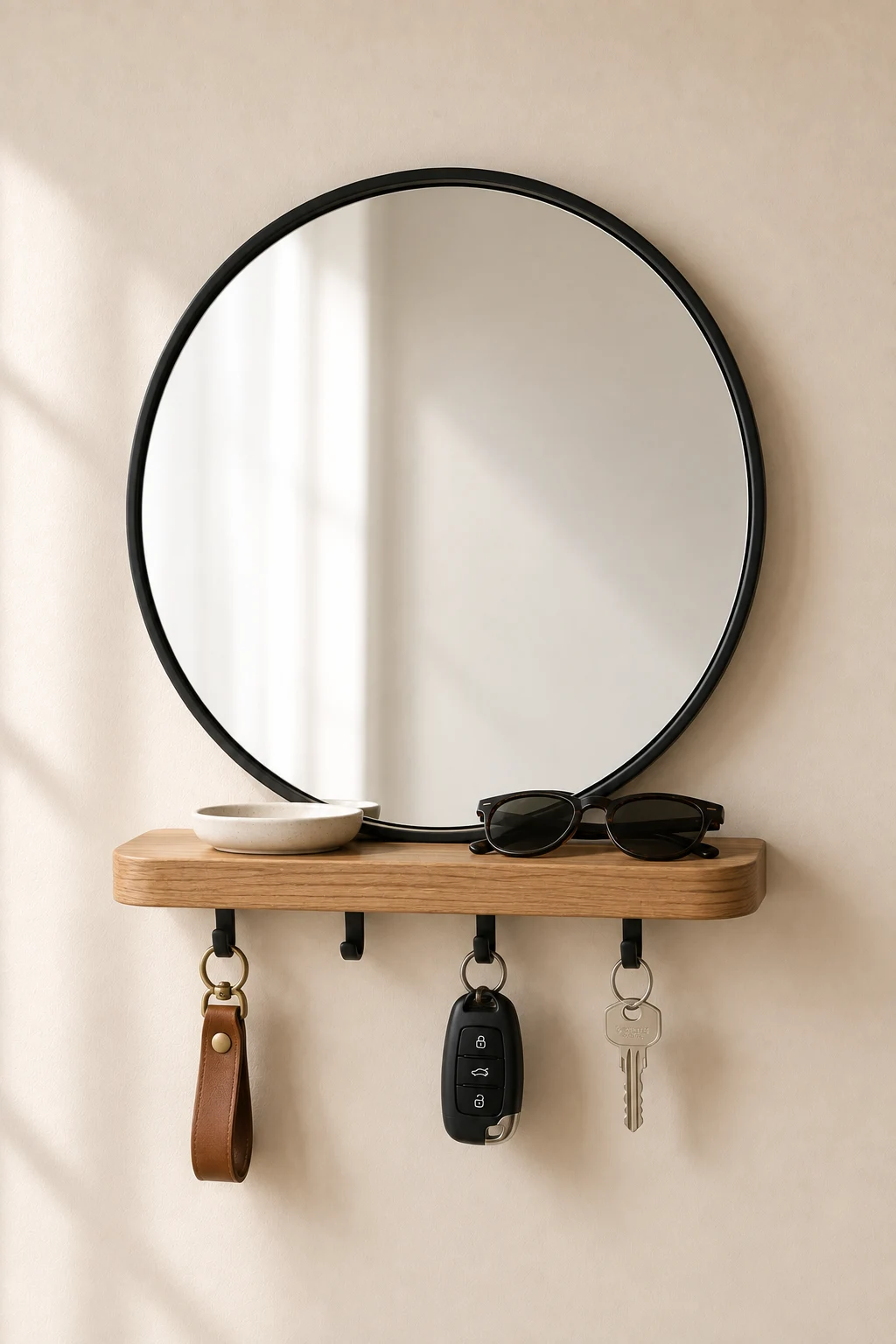 Mirror shelf DIY key holder featuring a large round black framed mirror above a slim warm oak shelf with hidden black hooks, sunglasses, catchall dish, leather keychain, car keys, and house keys for a stylish entryway organization station.