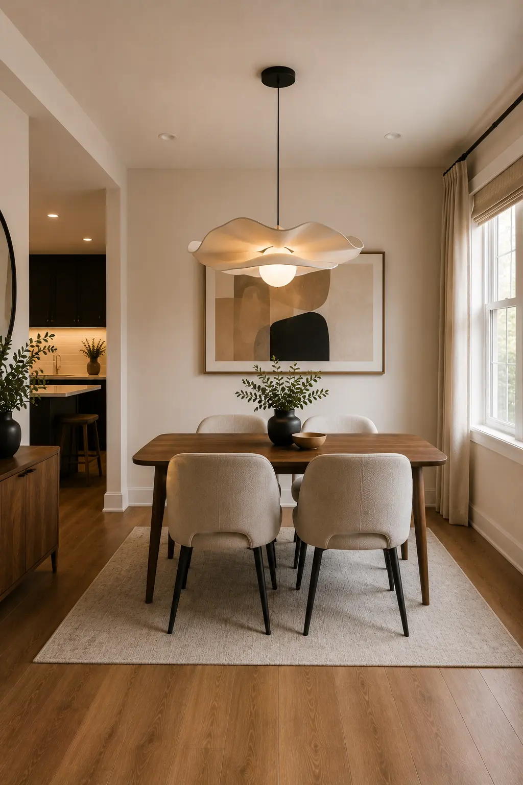 Elegant small modern dining room featuring a warm walnut rectangular dining table with rounded corners, four cream upholstered dining chairs, a large sculptural white pendant light with flowing organic curves, oversized neutral abstract artwork, large window with natural daylight, soft beige area rug, warm wood flooring, cream walls, black ceramic centerpiece, and sophisticated contemporary home décor.