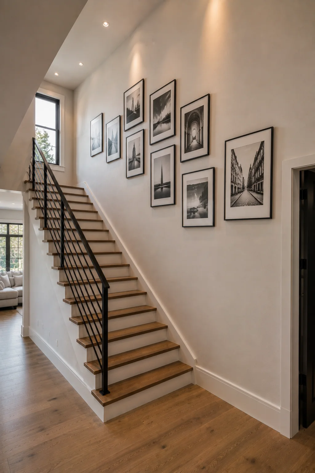 Elegant staircase wall featuring a curated monochrome photography gallery with black-and-white architectural, city, landscape, and travel photographs in simple black frames with white mats. The varied vertical and horizontal artwork creates a sophisticated flowing arrangement along the warm neutral wall beside natural oak stairs, a black railing, and soft recessed lighting.