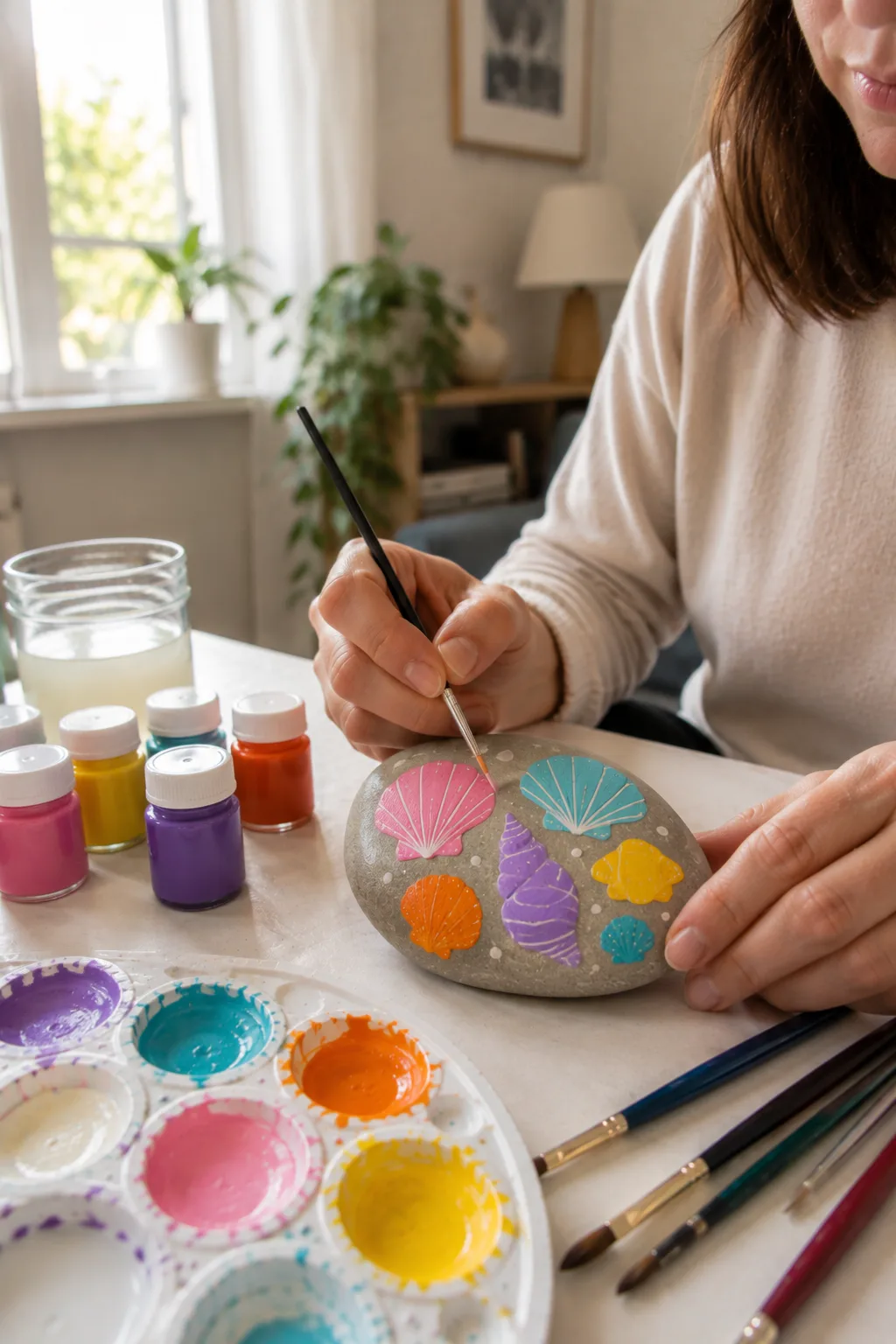 Bright seashell rock painting featuring a collection of colorful pink, turquoise, orange, purple, and yellow seashells with delicate white radial lines painted across a smooth gray stone, while a hand adds fine shell details beside colorful acrylic paints, brushes, and a water jar in a naturally lit home craft room.