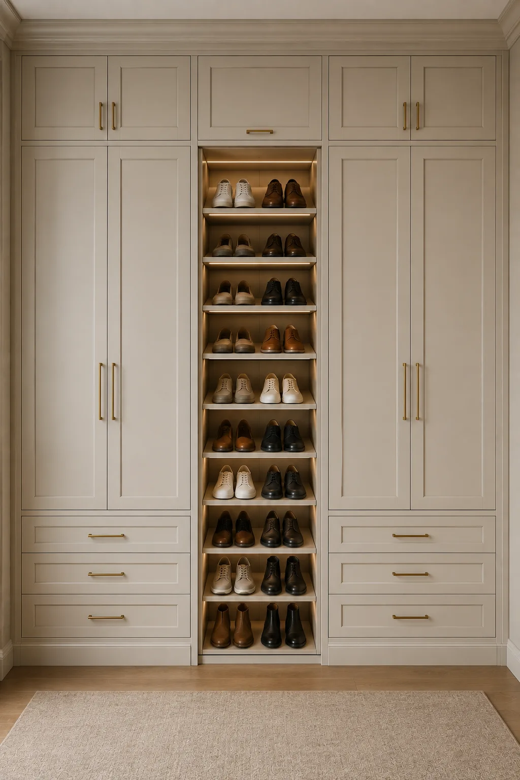 Elegant cream IKEA wardrobe featuring a tall central shoe display with multiple illuminated shelves, neatly arranged sneakers, loafers, dress shoes, and boots, spacious paneled cabinets on both sides, lower drawers, upper storage cabinet, brass hardware, warm interior lighting, classic trim, natural wood flooring, and a neutral rug for organized shoe storage.