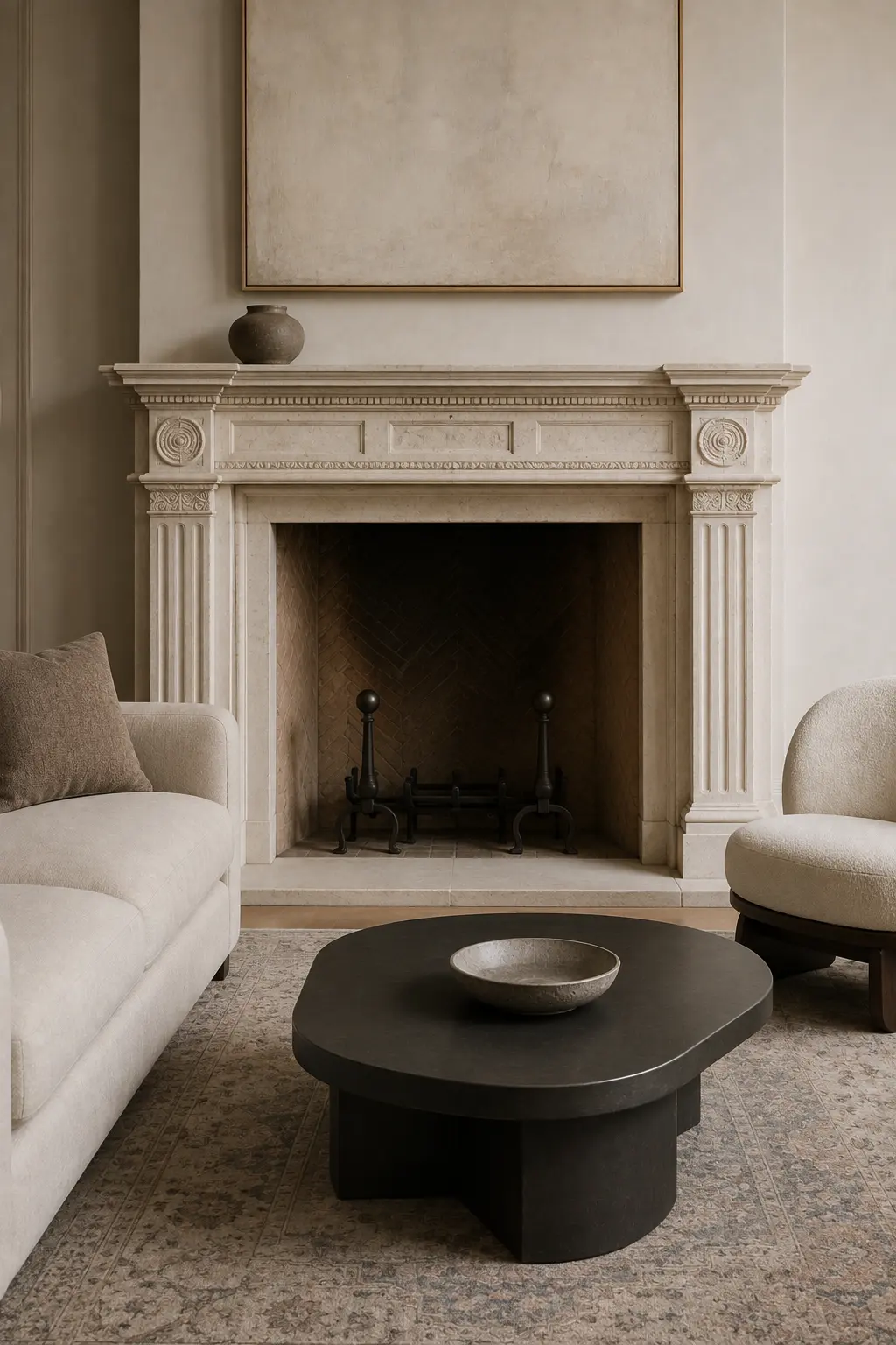 Elegant classic fireplace with a carved ivory architectural surround and traditional detailing paired with streamlined cream sofas, a sculptural dark modern coffee table, faded antique-style rug, and restrained neutral mantel decor.