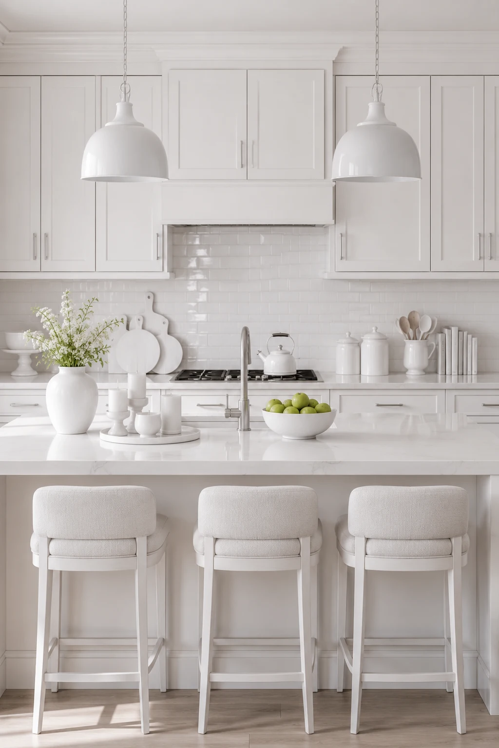 Bright all white kitchen featuring white shaker cabinets, glossy white subway tile backsplash, white countertops, white island, matching white bar stools, white pendant lights, and white decorative accessories, showing how an entirely white kitchen can feel flat, sterile, and overly monochromatic.