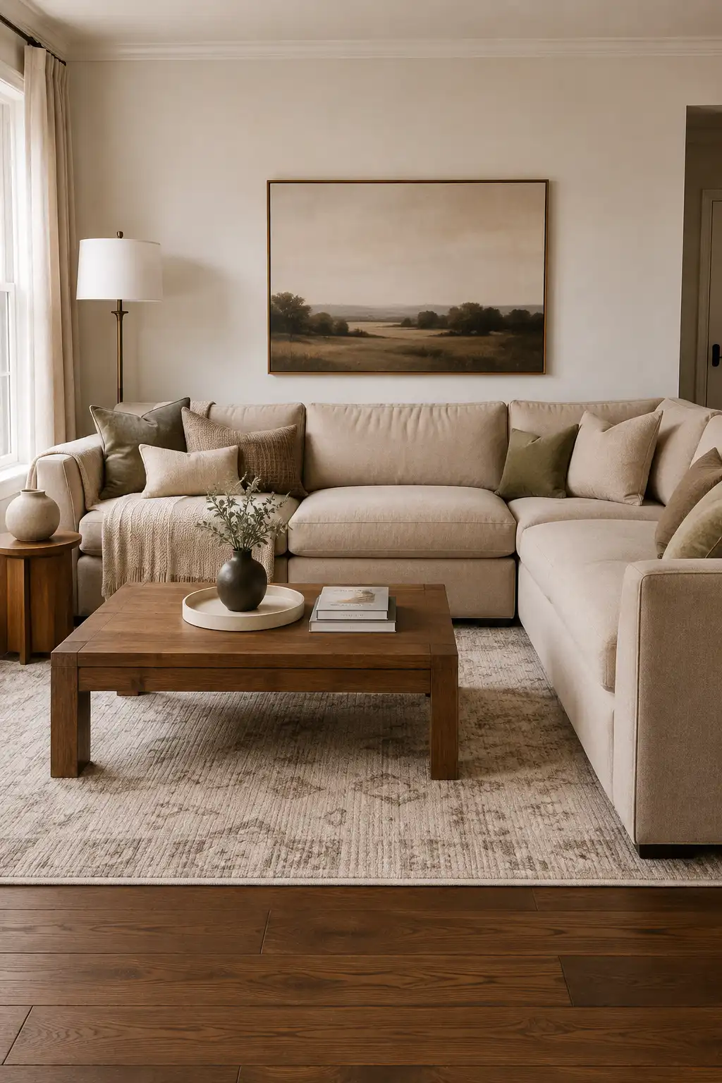 Comfortable farmhouse living room featuring a generous warm cream sectional sofa layered with muted olive, taupe, oatmeal, and textured neutral pillows, woven throw blanket, substantial dark oak coffee table, softly patterned neutral area rug, oversized landscape artwork, floor lamp, side table, and warm wood flooring.