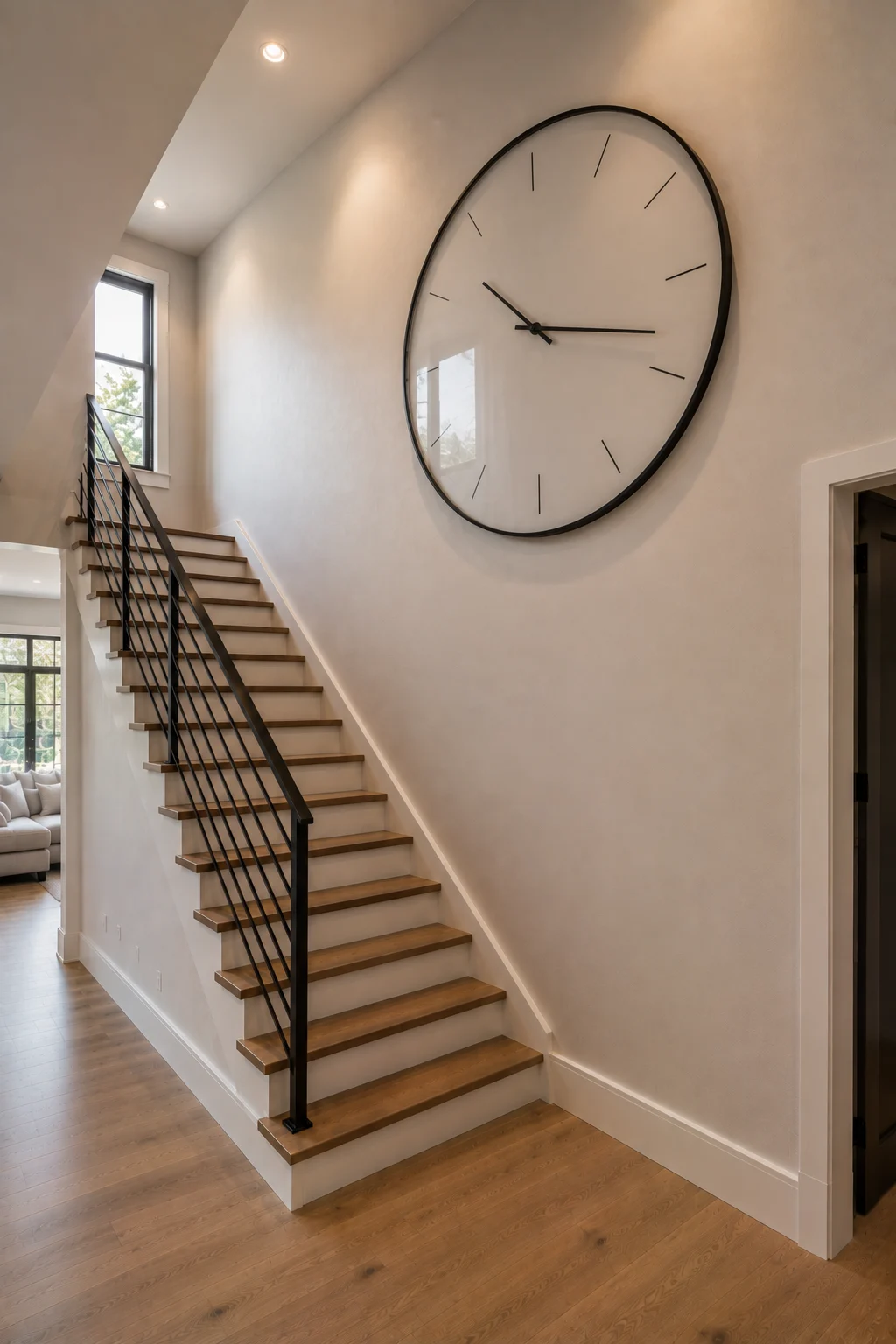 Modern staircase wall featuring an oversized round wall clock with a slim matte black frame, minimalist cream face, and simple black hour markers. The large clock creates a dramatic focal point against the warm ivory wall while contrasting with the straight lines of the natural oak staircase, sleek black railing, wood flooring, and contemporary hallway.