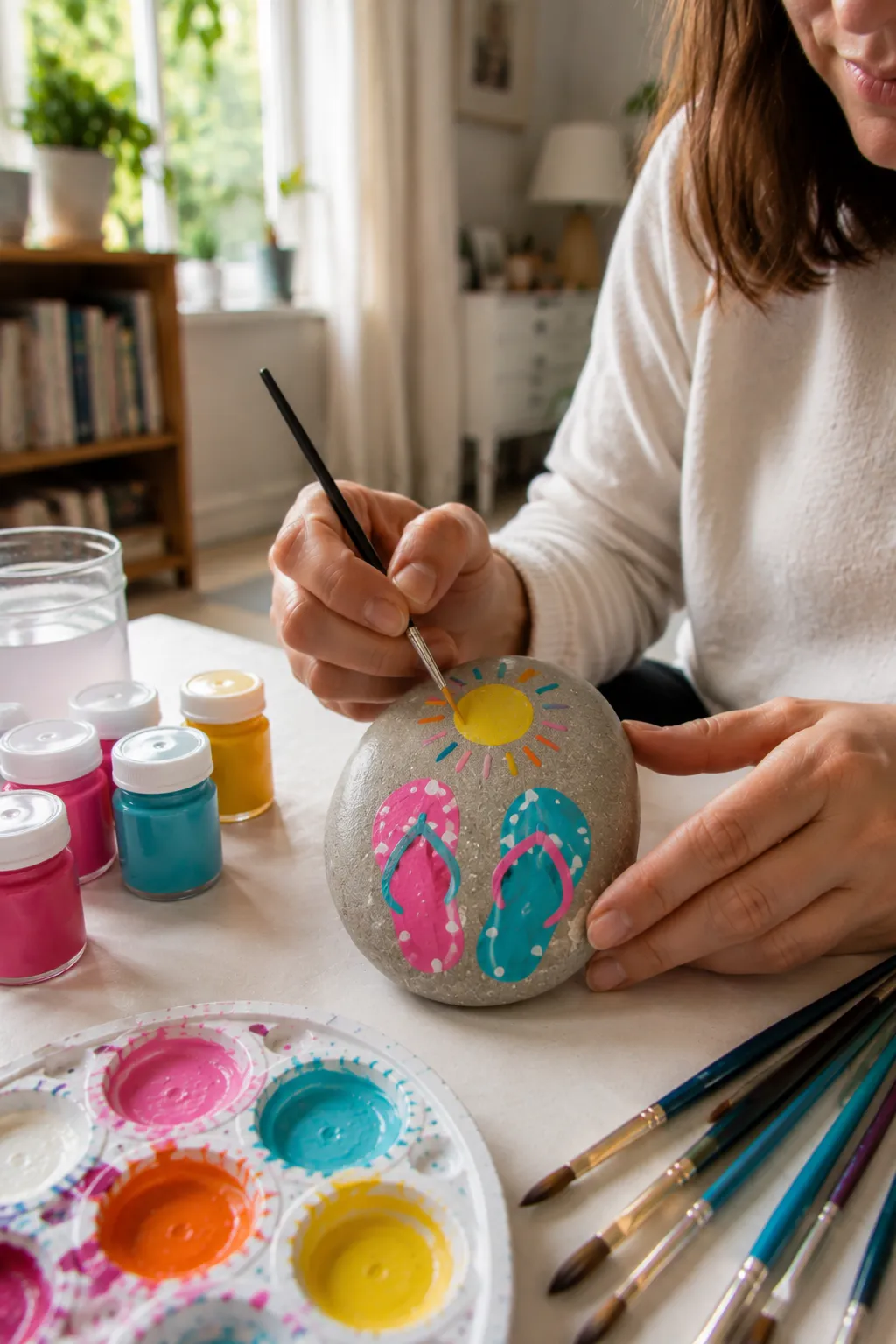 Summer flip flop rock painting featuring two colorful sandals painted in bright pink and turquoise with contrasting straps and white decorative dots, paired with a cheerful yellow sun and colorful rays above, while a hand adds details with a fine brush beside acrylic paints and brushes on a realistic home craft table.
