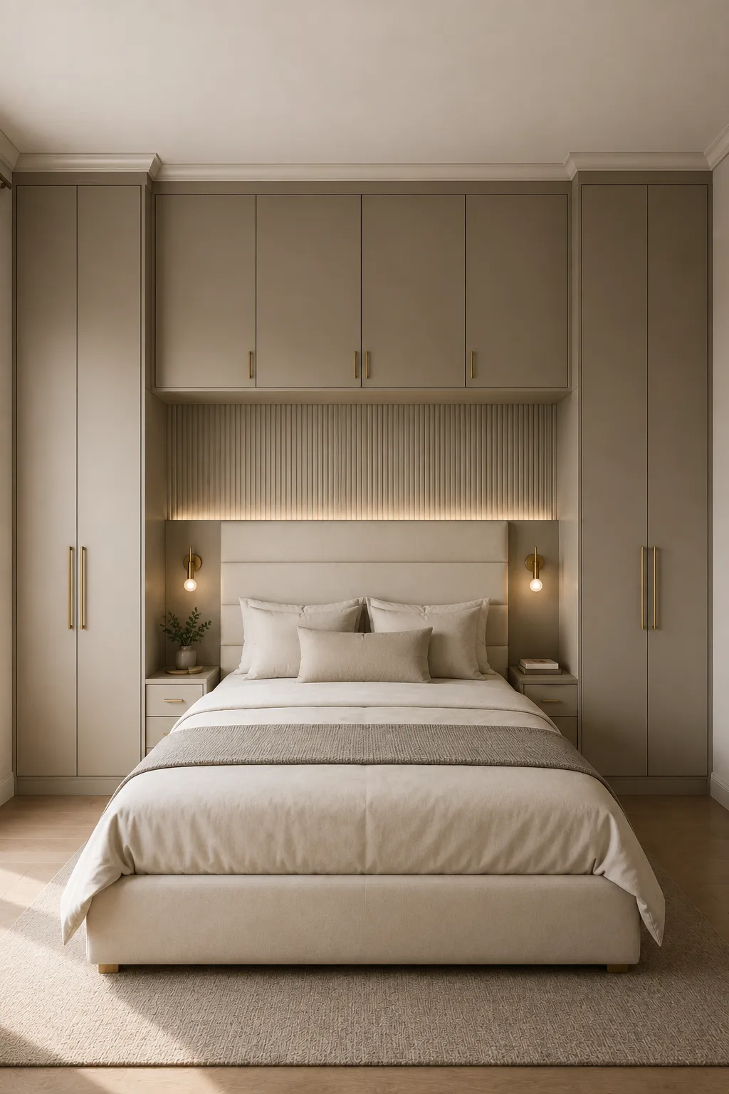 Sophisticated bedroom with an IKEA-style built-in wardrobe surrounding the bed, featuring tall cream cabinets on both sides, upper storage cabinets above the headboard, recessed bedside niches, integrated drawers, warm backlit vertical fluted wall paneling, upholstered bed, soft neutral bedding, wall sconces, natural wood flooring, and a refined custom built-in appearance.