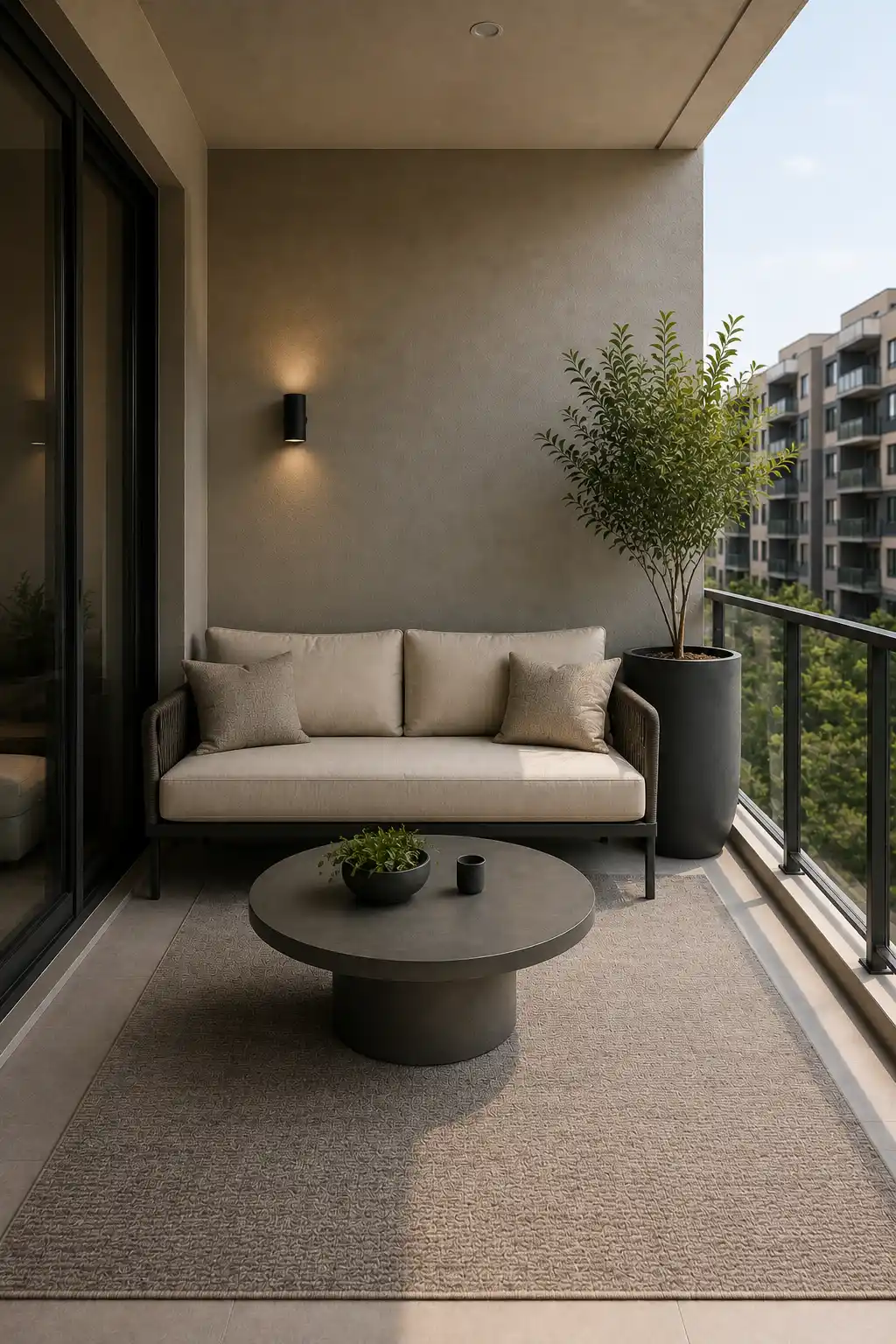 Sophisticated minimalist apartment balcony featuring a streamlined cream two seat sofa, low round charcoal coffee table, large neutral textured outdoor rug, and one substantial architectural plant in a tall matte black planter. Clean lines, restrained colors, warm lighting, and an open city view create an elevated modern luxury balcony design.