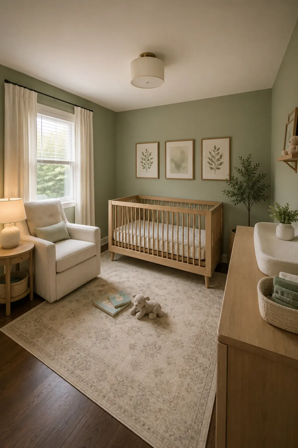 Calm baby boy nursery with muted sage green walls, natural wood crib, matching light wood changing dresser, cream upholstered nursing chair, three framed botanical prints above the crib, ivory floor length curtains, softly patterned neutral rug, warm wood flooring, pale green accessories, and understated greenery creating a fresh modern nursery.