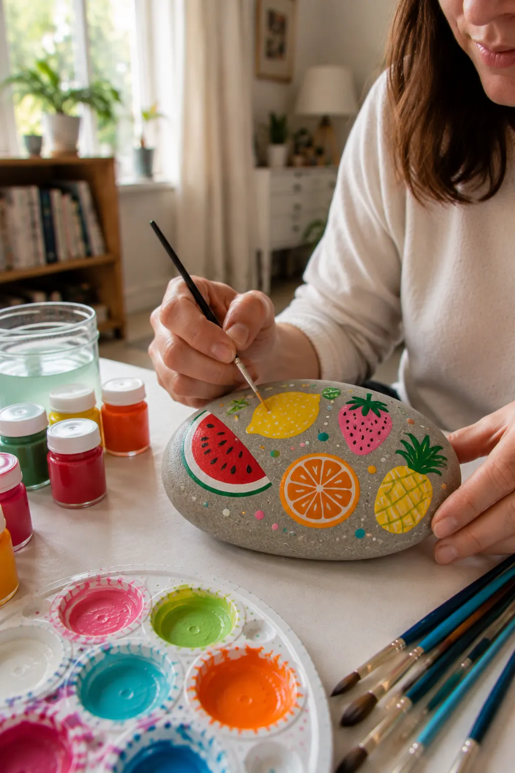 Colorful summer fruit rock painting featuring a smooth rounded stone decorated with bright watermelon, lemon, strawberry, orange, and pineapple designs, including realistic fruit details such as black watermelon seeds, pineapple leaves, orange segments, strawberry dots, and colorful accents while a hand paints beside acrylic paints and brushes.