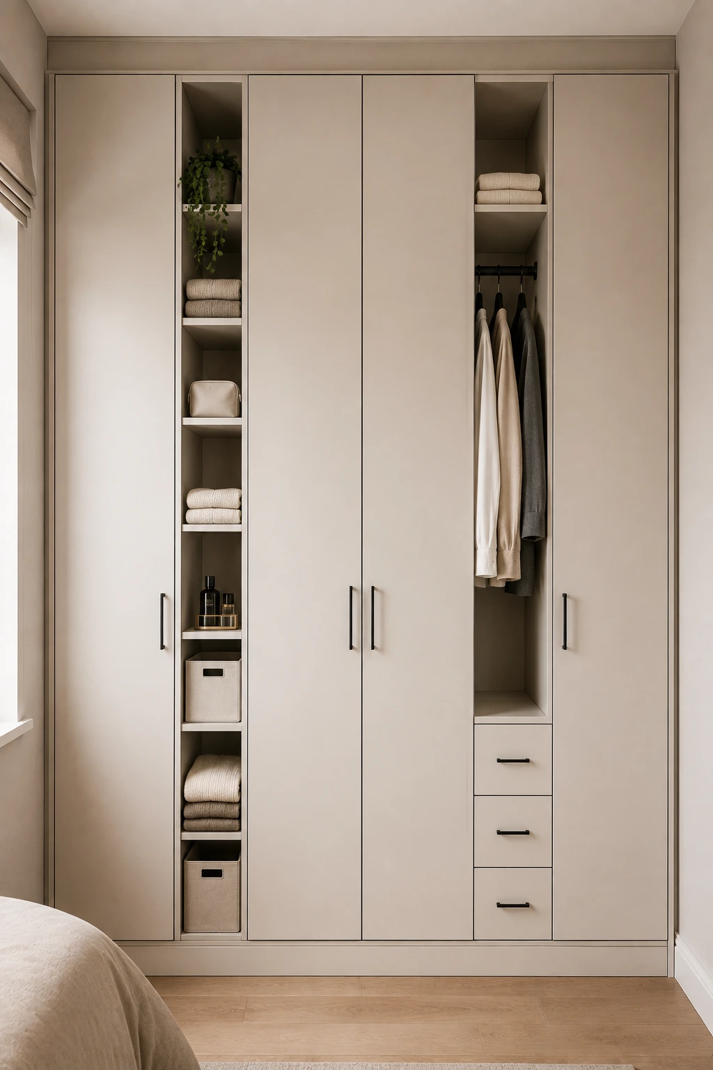 Modern cream IKEA wardrobe featuring tall minimalist cabinet doors, narrow open shelving columns between concealed storage sections, neatly folded neutral towels and clothing, storage baskets, small accessories, built-in drawers, hanging clothes, slim black handles, clean floor-to-ceiling cabinetry, natural wood flooring, and soft neutral bedroom decor for efficient organization.