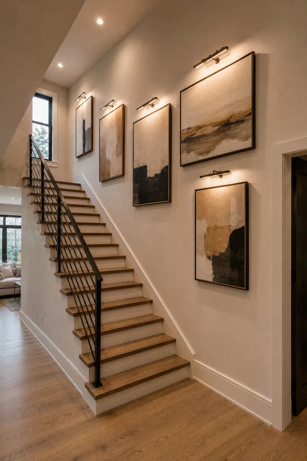 Sophisticated staircase gallery wall featuring multiple neutral abstract artworks in coordinated black and bronze frames, each illuminated by slim warm picture lights mounted directly above the artwork. The layered gallery creates an elegant focal point against the warm ivory wall while complementing the natural oak stairs, black railing, recessed ceiling lights, and contemporary interior.