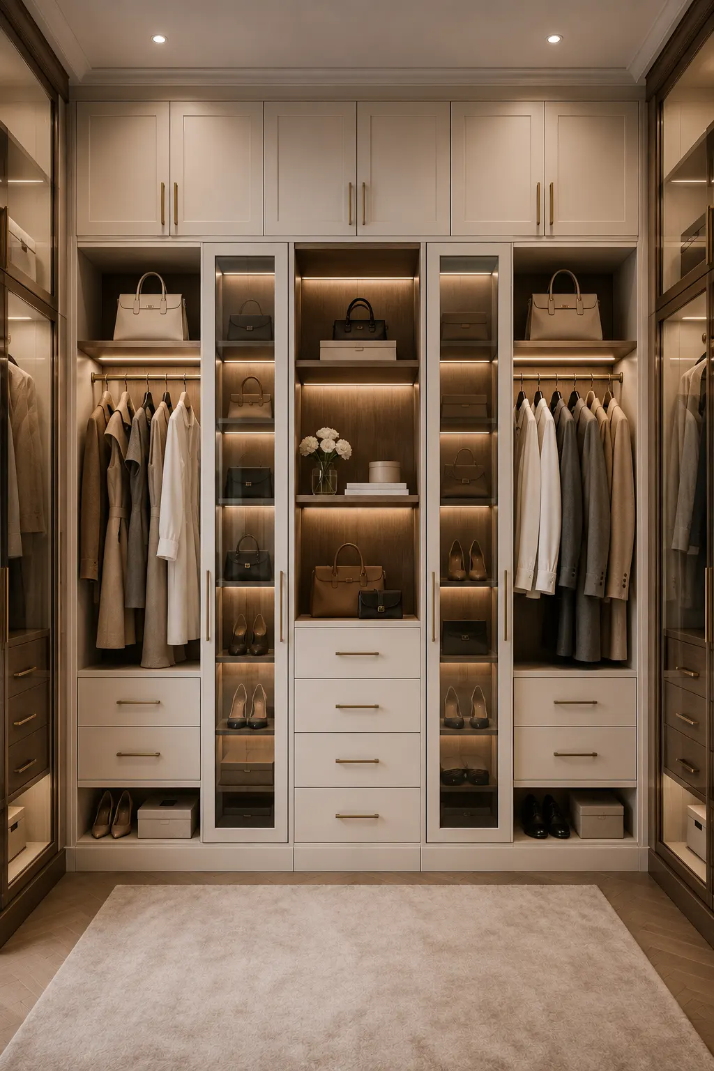 Luxury IKEA walk-in closet featuring cream paneled cabinets, illuminated glass-front wardrobe sections, warm wood shelving interiors, neatly arranged neutral clothing, handbags, shoes, storage boxes, multiple drawers, mirrored side panels, brass hardware, recessed ceiling lights, warm LED illumination, and a large neutral rug for a sophisticated boutique-inspired dressing room.