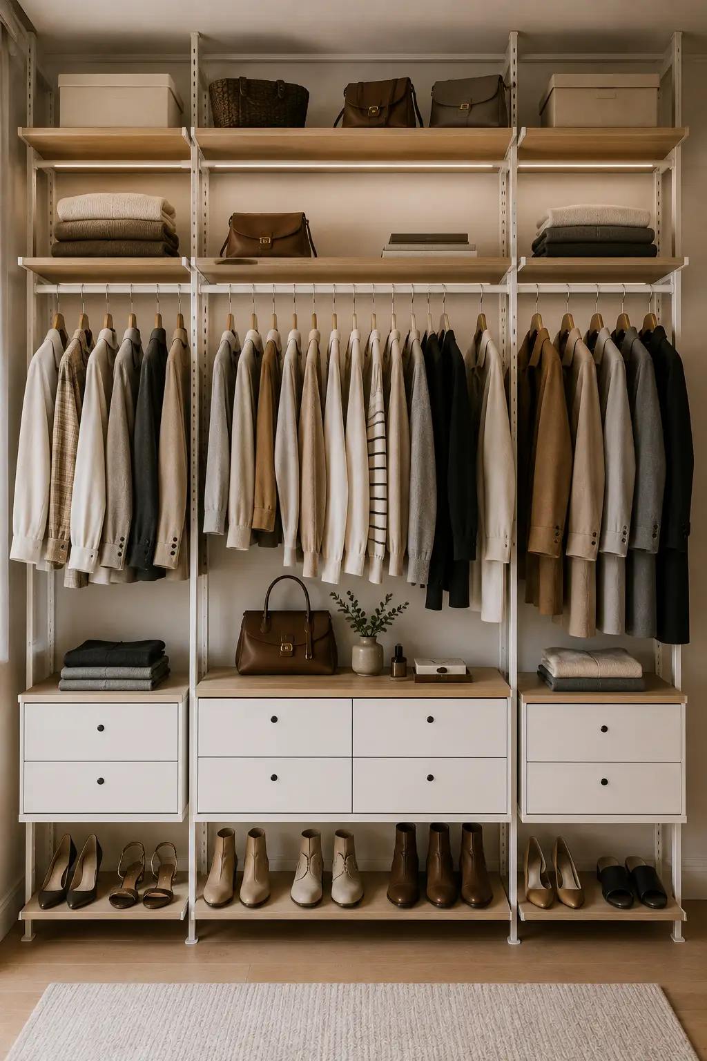 Flexible open IKEA closet system featuring adjustable white shelving, multiple hanging rails filled with neutral clothing, folded sweaters, handbags, storage boxes, fabric drawers, shoe shelves, boots, heels, warm integrated shelf lighting, and organized accessory storage, framed by full-length beige curtains for a stylish and concealed bedroom wardrobe solution.