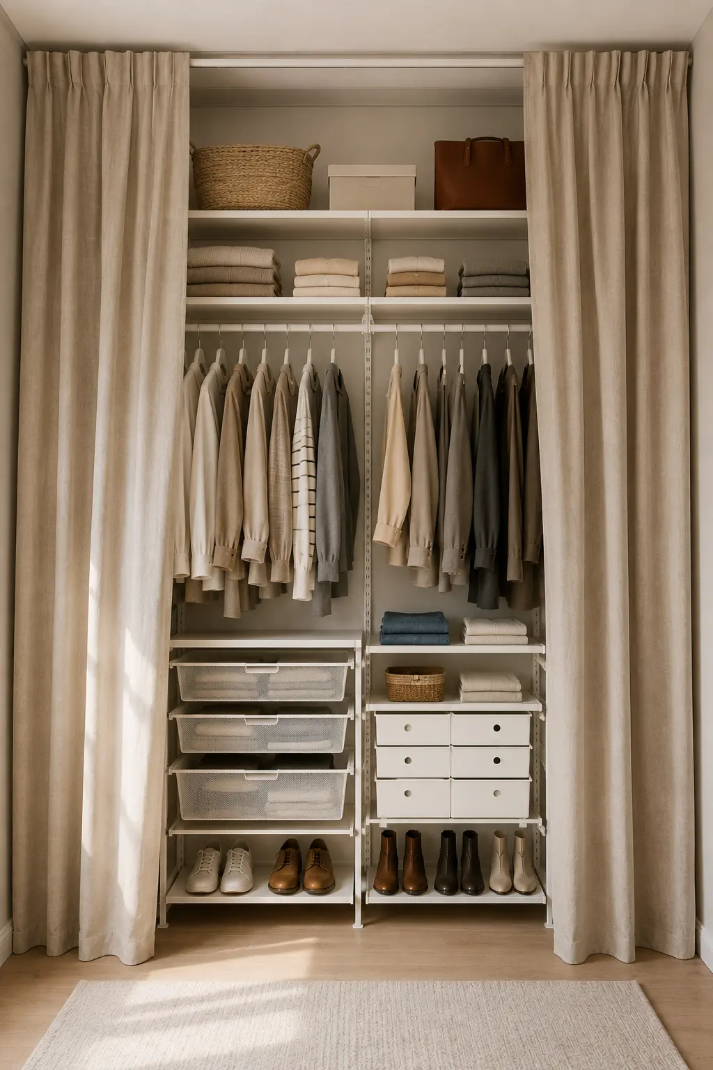 Clever IKEA open wardrobe hidden behind full-length beige curtains, featuring adjustable shelving, double hanging sections, neatly arranged neutral clothing, folded sweaters, storage baskets, fabric drawers, handbags, shoes, boots, and upper storage boxes, with warm wood flooring and soft natural lighting creating a practical concealed closet design.