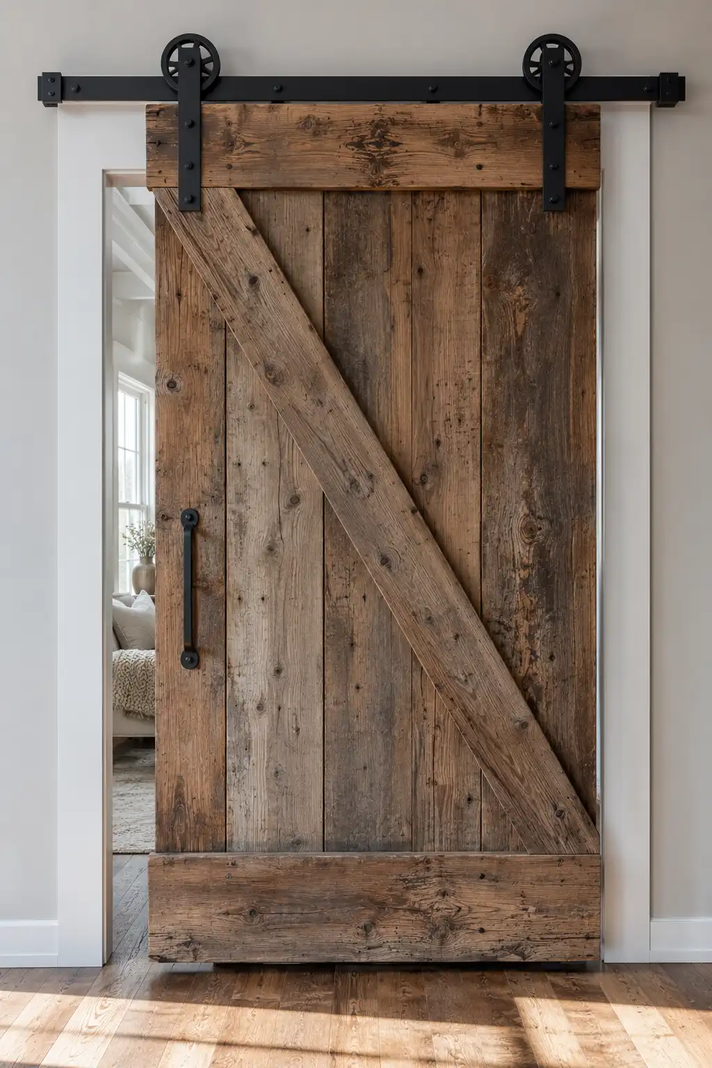 Rustic sliding barn door made from heavily weathered reclaimed wood with visible grain, diagonal wood bracing, oversized black metal track, exposed rollers, and industrial hardware, showing an outdated farmhouse home decor trend that can overpower a modern interior.