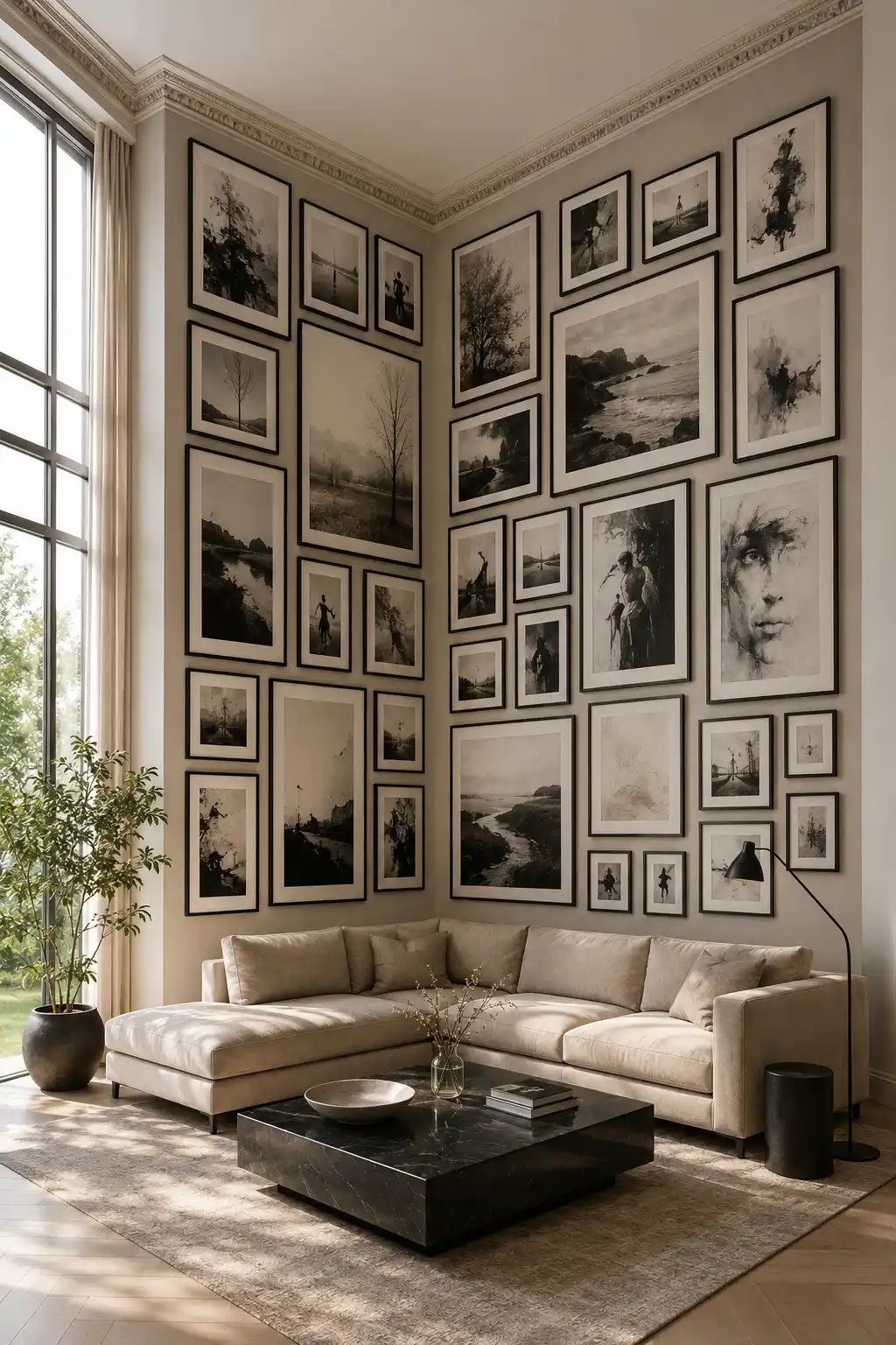 Elegant high ceiling living room featuring a dramatic floor to ceiling corner gallery wall with varied black framed landscape photography, portraits, and artwork arranged across two tall adjoining walls above a neutral sectional sofa.