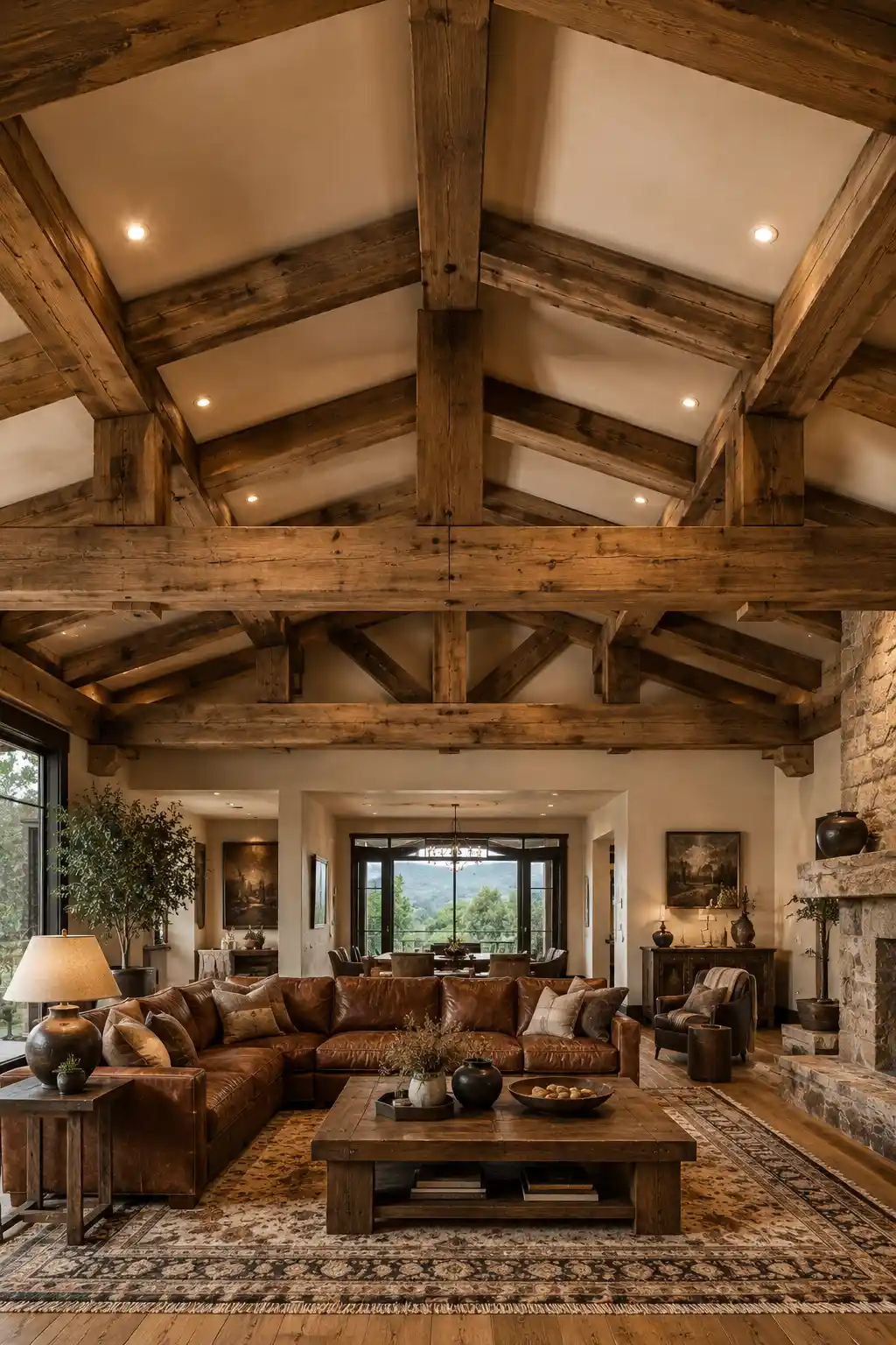 Luxury Western living room with dramatic exposed reclaimed timber beams across a high vaulted ceiling, warm cream walls, large cognac leather sectional sofa, substantial rustic wood coffee table, natural stone fireplace, patterned area rug, dark hardwood flooring, warm recessed lighting, and refined modern ranch interior decor.