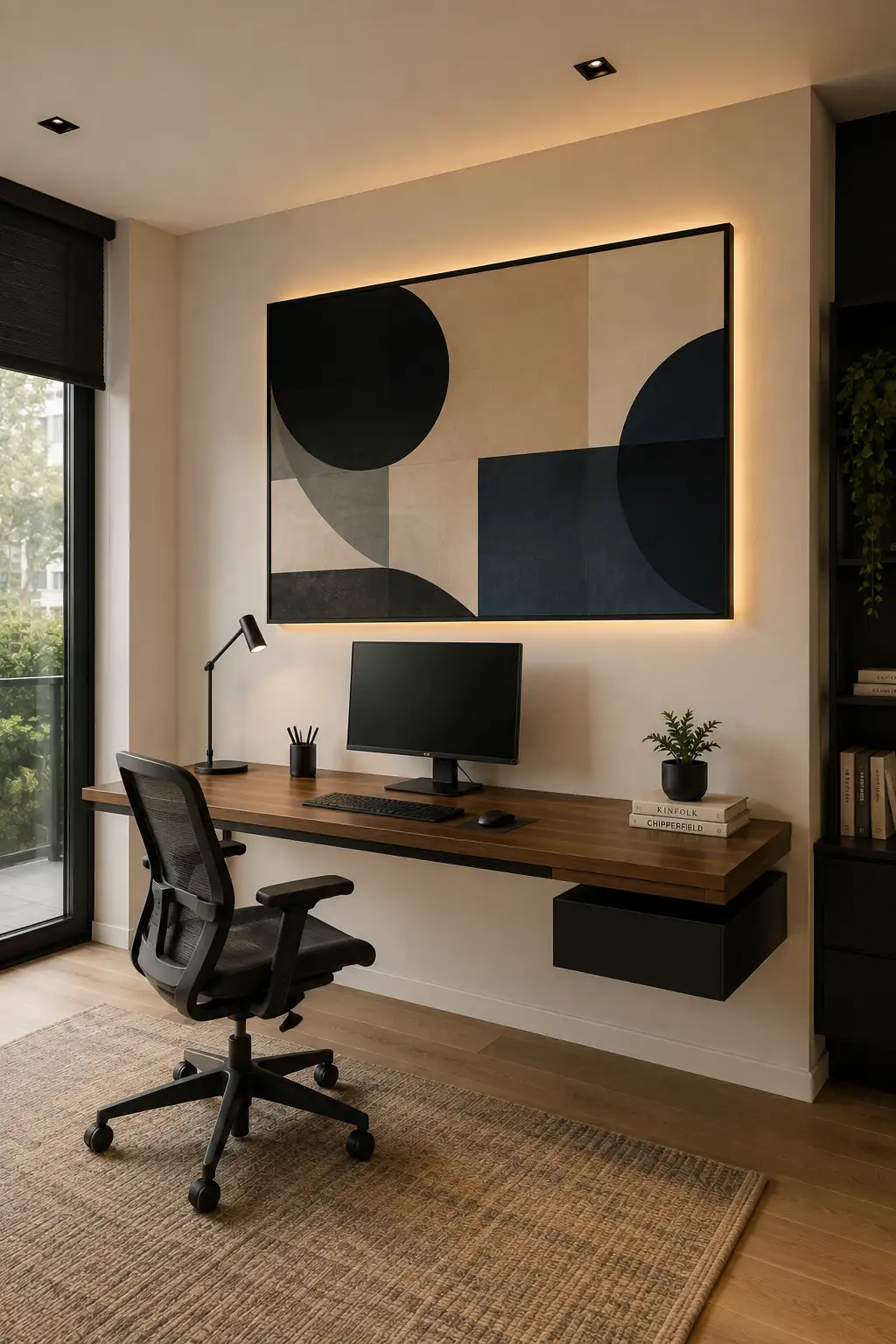 Modern small office featuring a large oversized geometric abstract artwork above a contemporary walnut desk, black framed artwork with cream, charcoal, taupe, and deep navy geometric shapes, subtle warm backlighting around the artwork, ergonomic black office chair, minimalist monitor, floating storage, indoor plant, neutral textured rug, warm wood flooring, and sophisticated contemporary workspace decor.