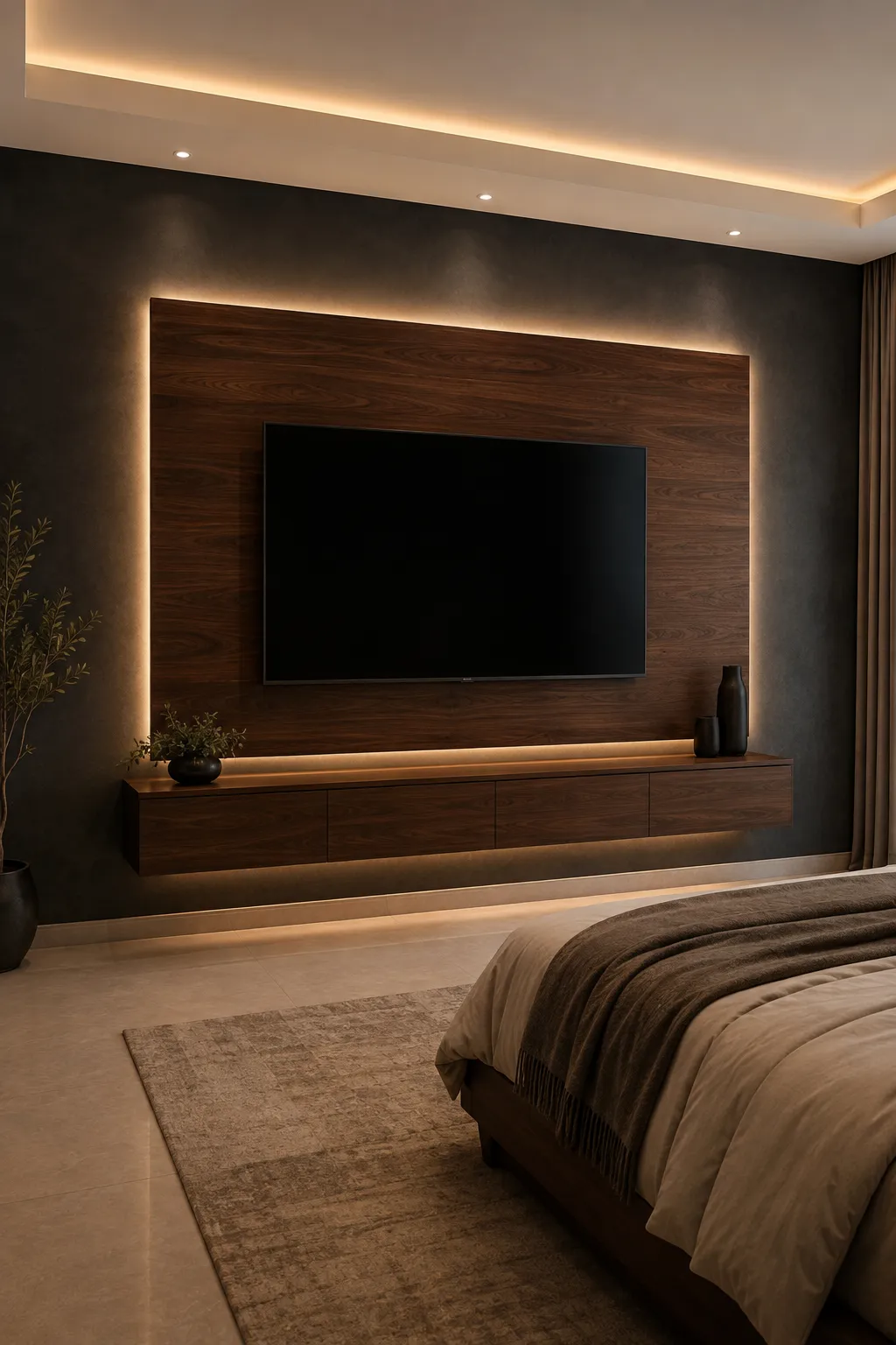 Modern couples bedroom featuring a dramatic charcoal TV feature wall with a large rich walnut architectural panel behind the television, slim black flat screen TV, matching floating walnut console, concealed warm LED backlighting, dark matte wall finish, neutral bedding, soft curtains, minimalist accessories, and sophisticated luxury bedroom styling.